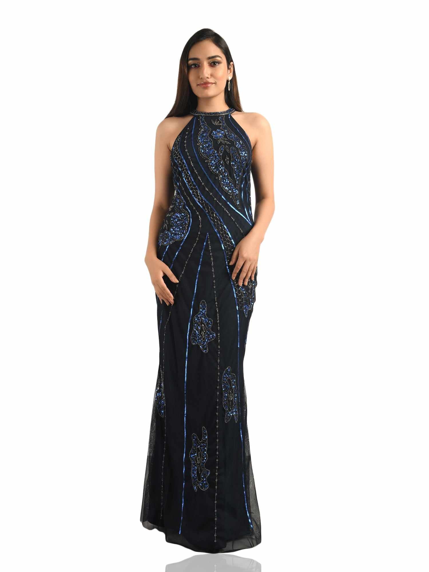 hand embellished halter neck gown
