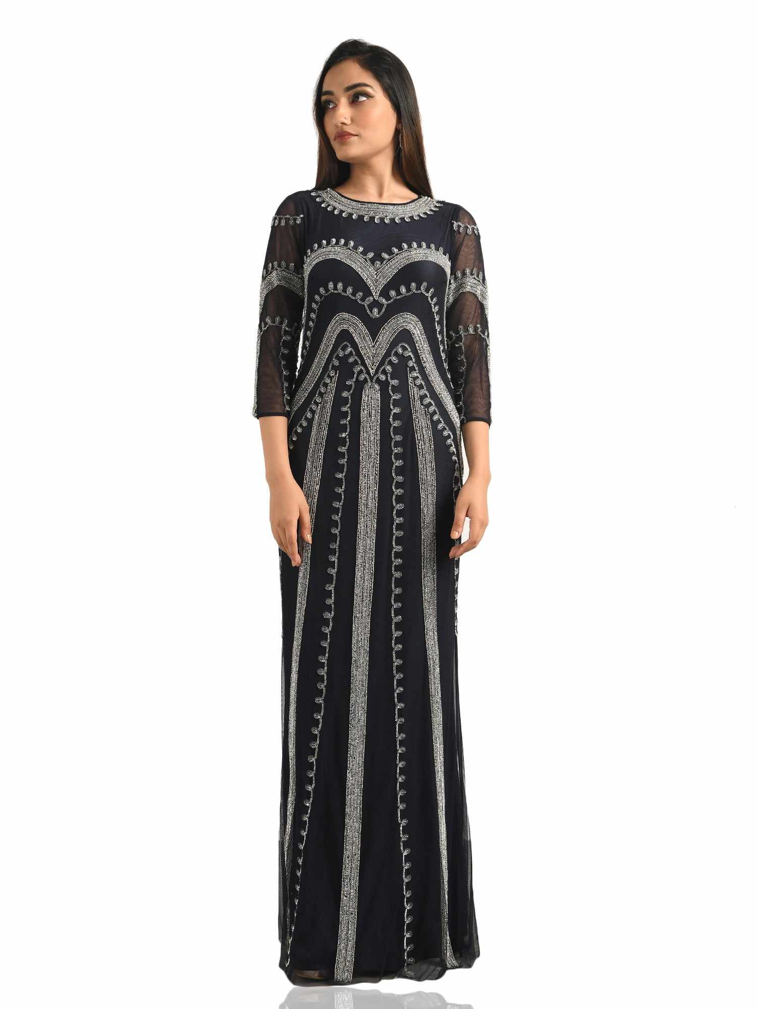 hand embellished navy gown