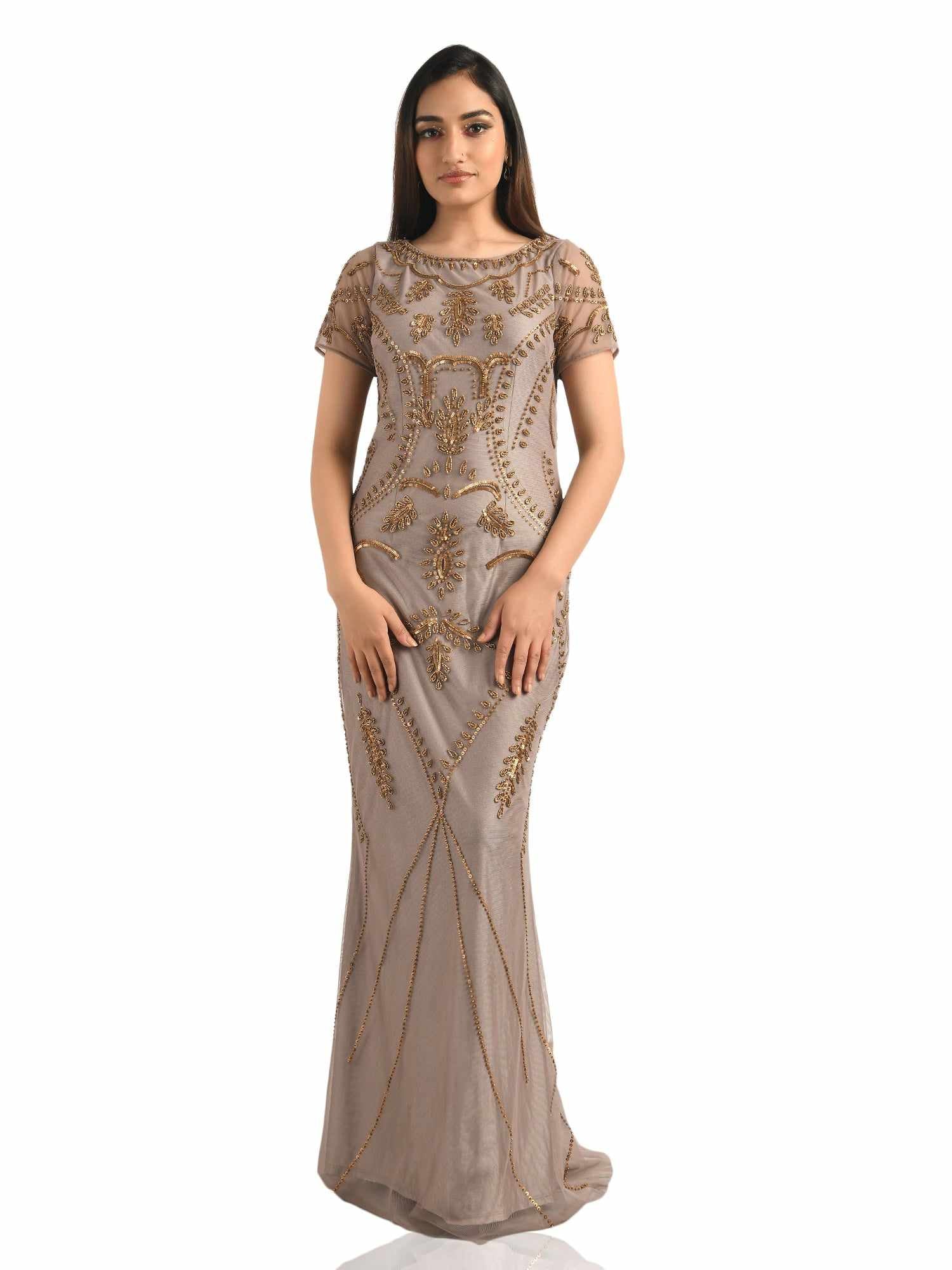 beige on gold embellished gown