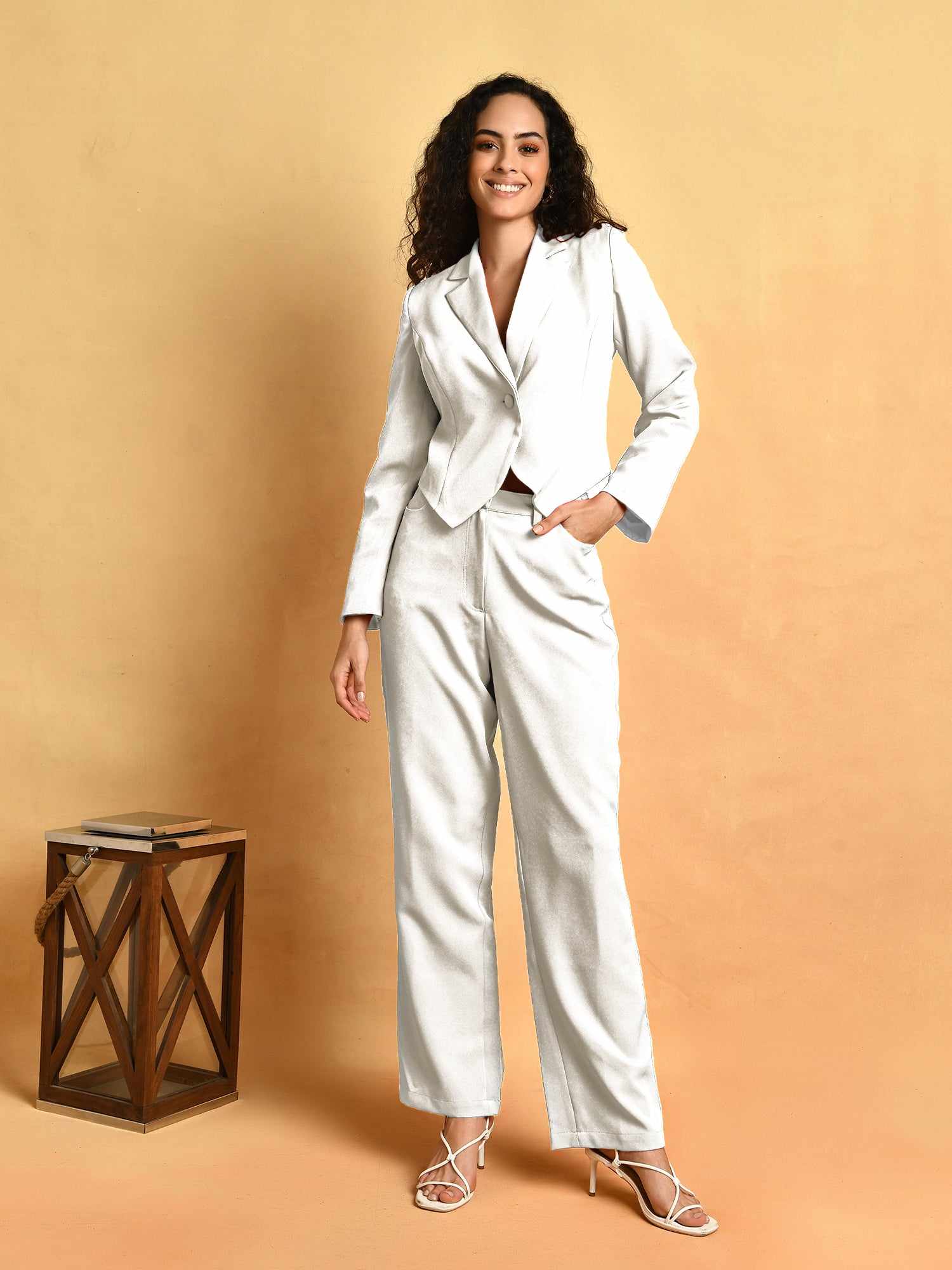 in a white mood blazer