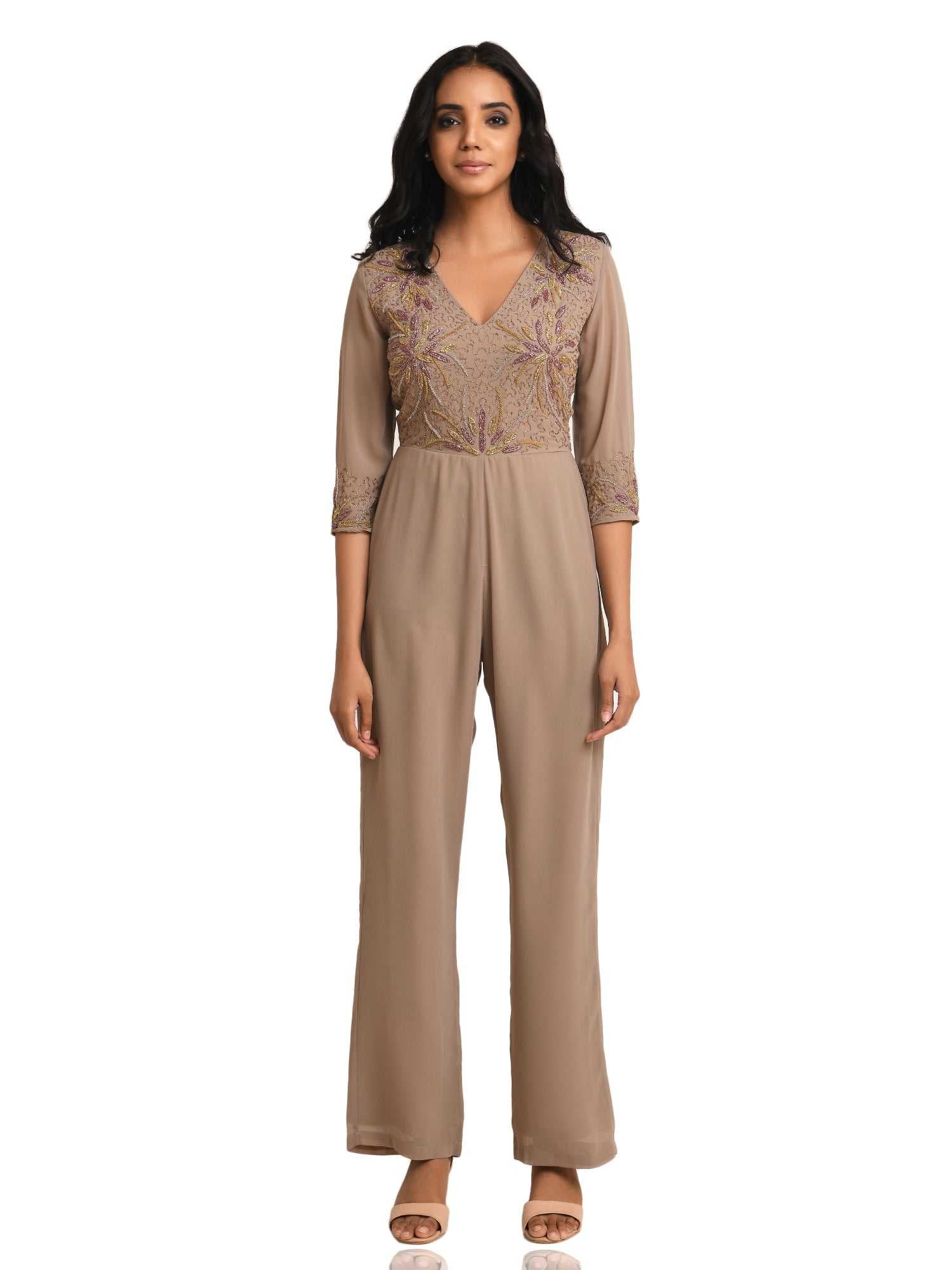 petite nude floral embroidered jumpsuit