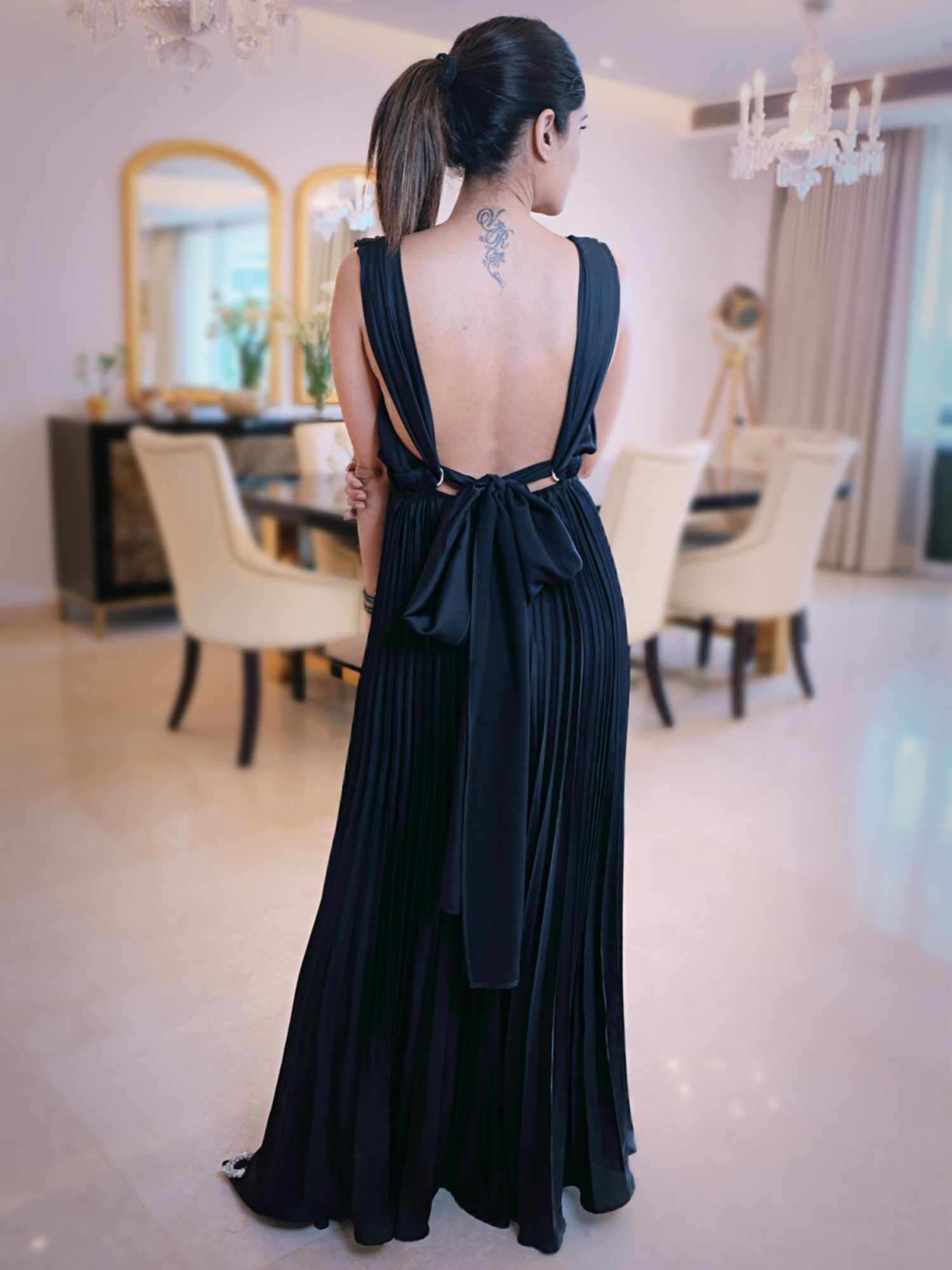 black pleated flare elegance jumpsuit
