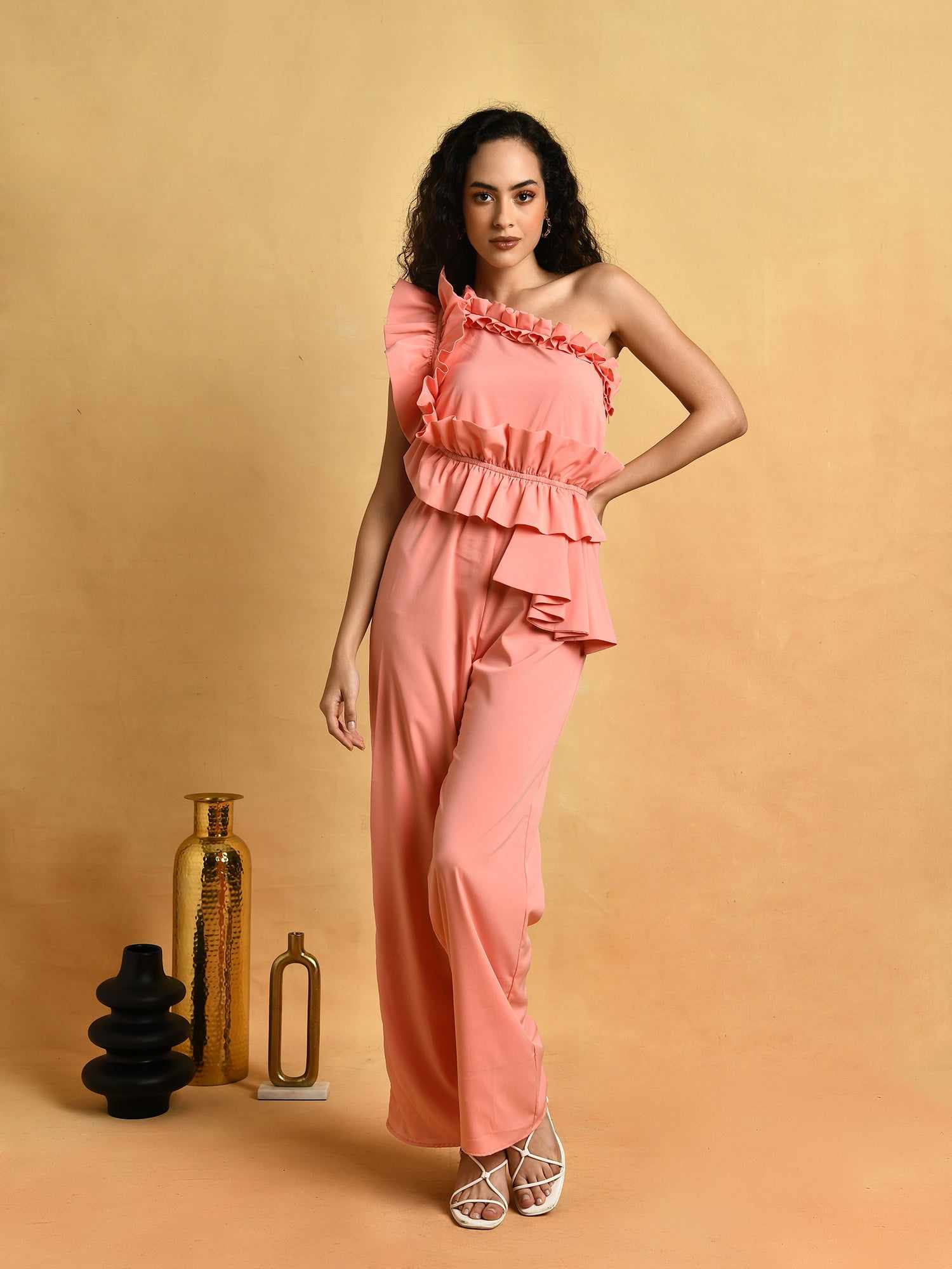 party mood on peach jumpsuit
