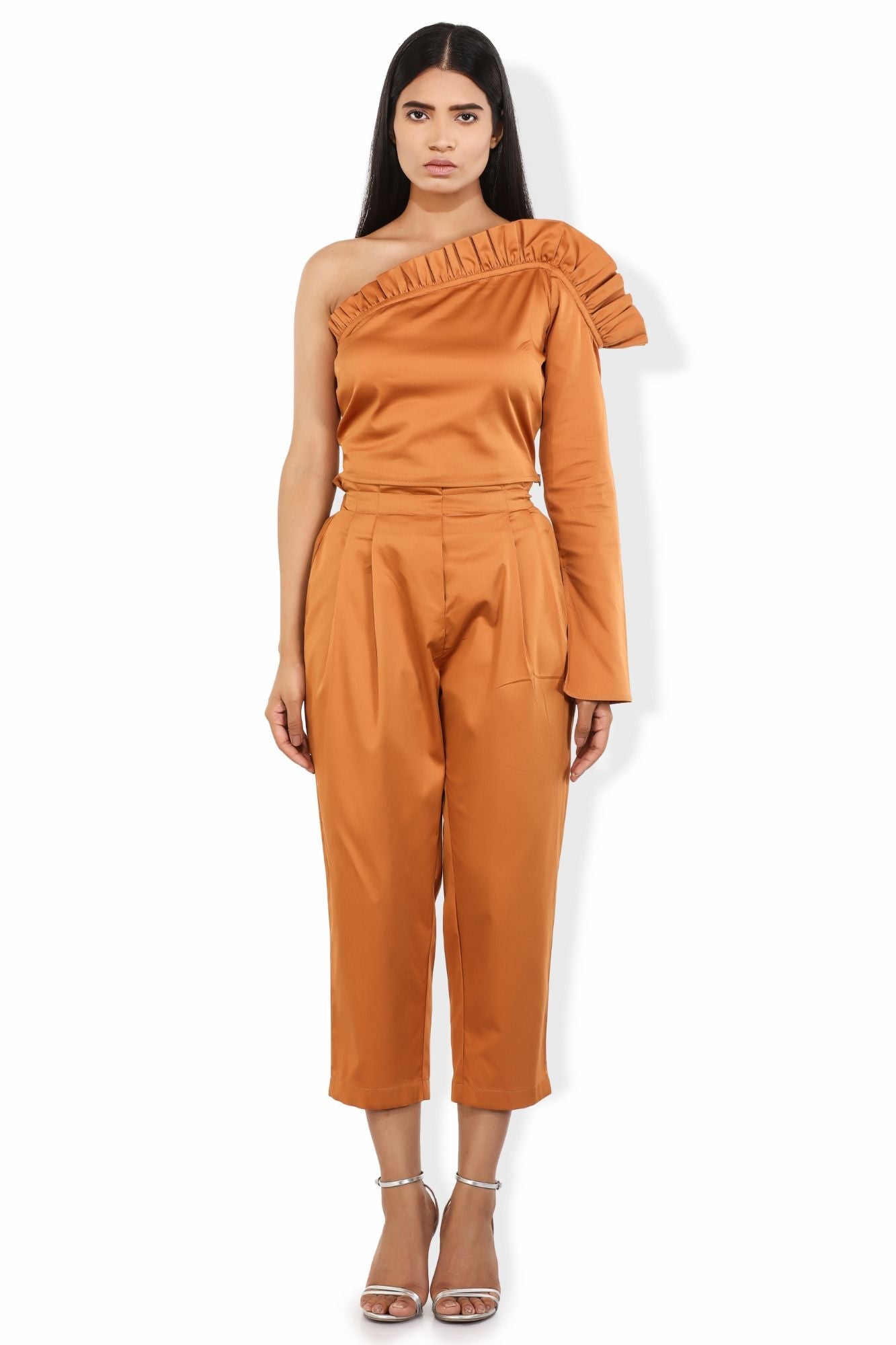 carrot hue pleated waistline cotton satin blend crop pants