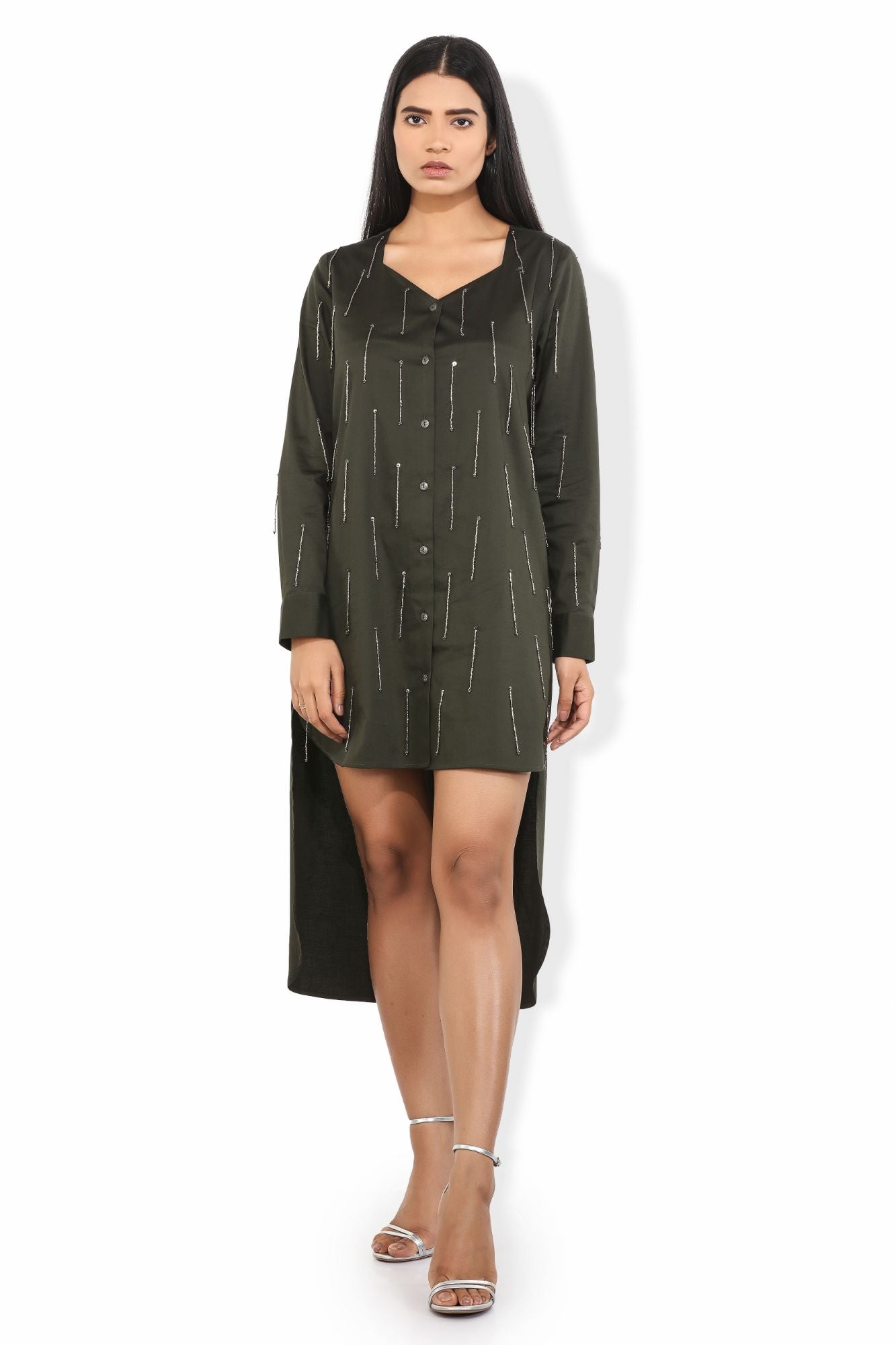 olivia fern green silver sequin tassels high low shirt dress