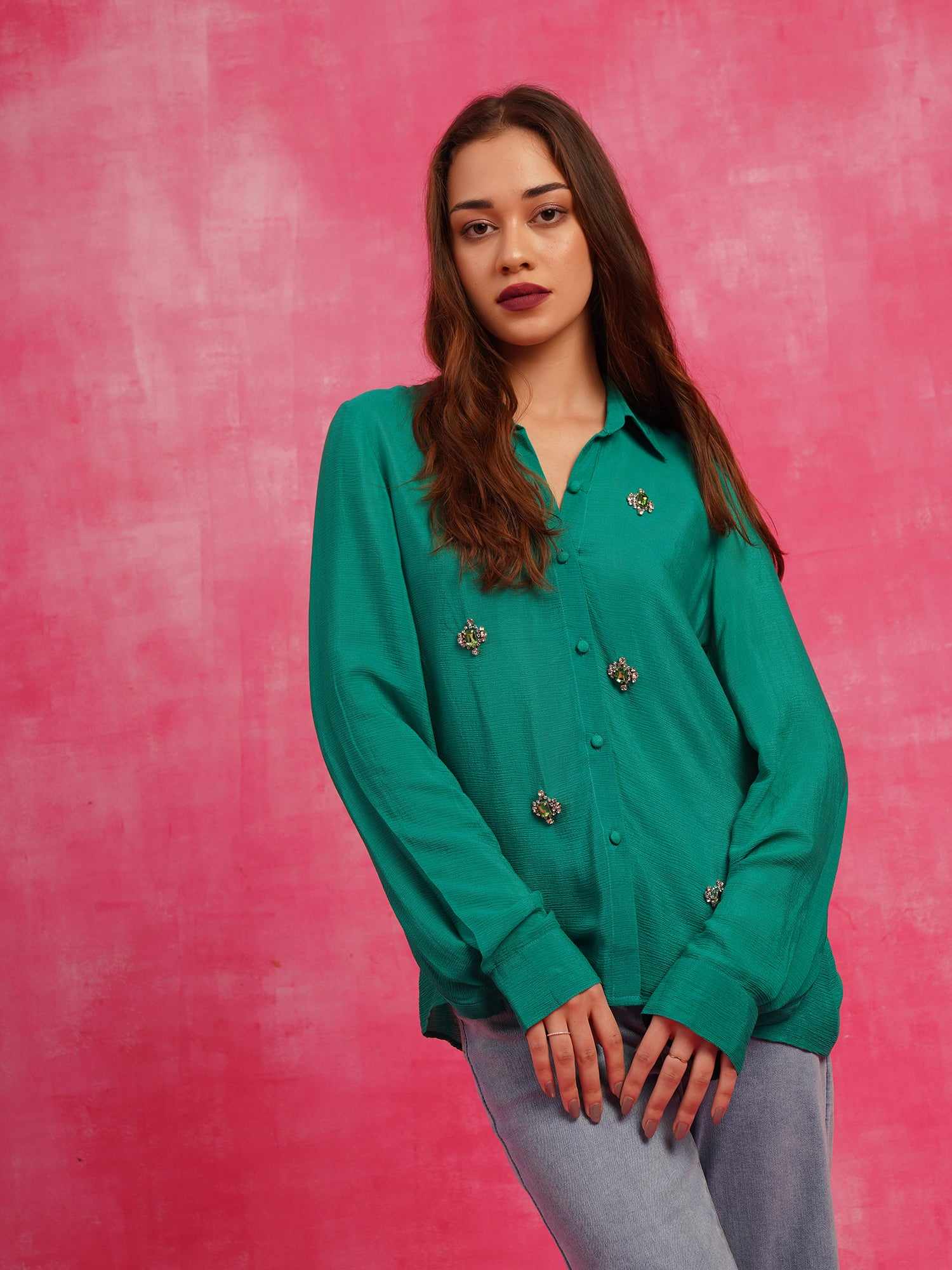 deluxe embellished green crystal shirt