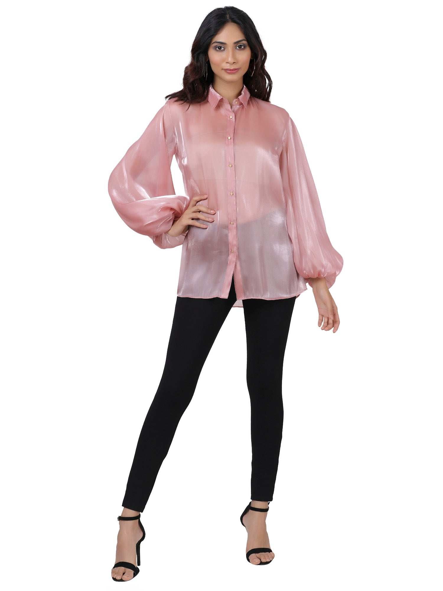 black billowy sleeved glass organza top