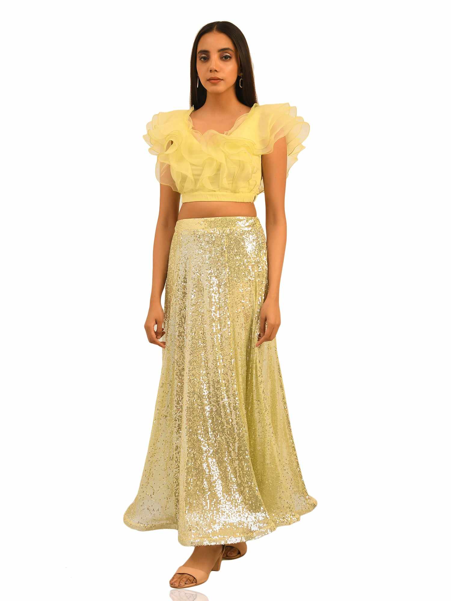 sequined tulle floor length lemon skirt