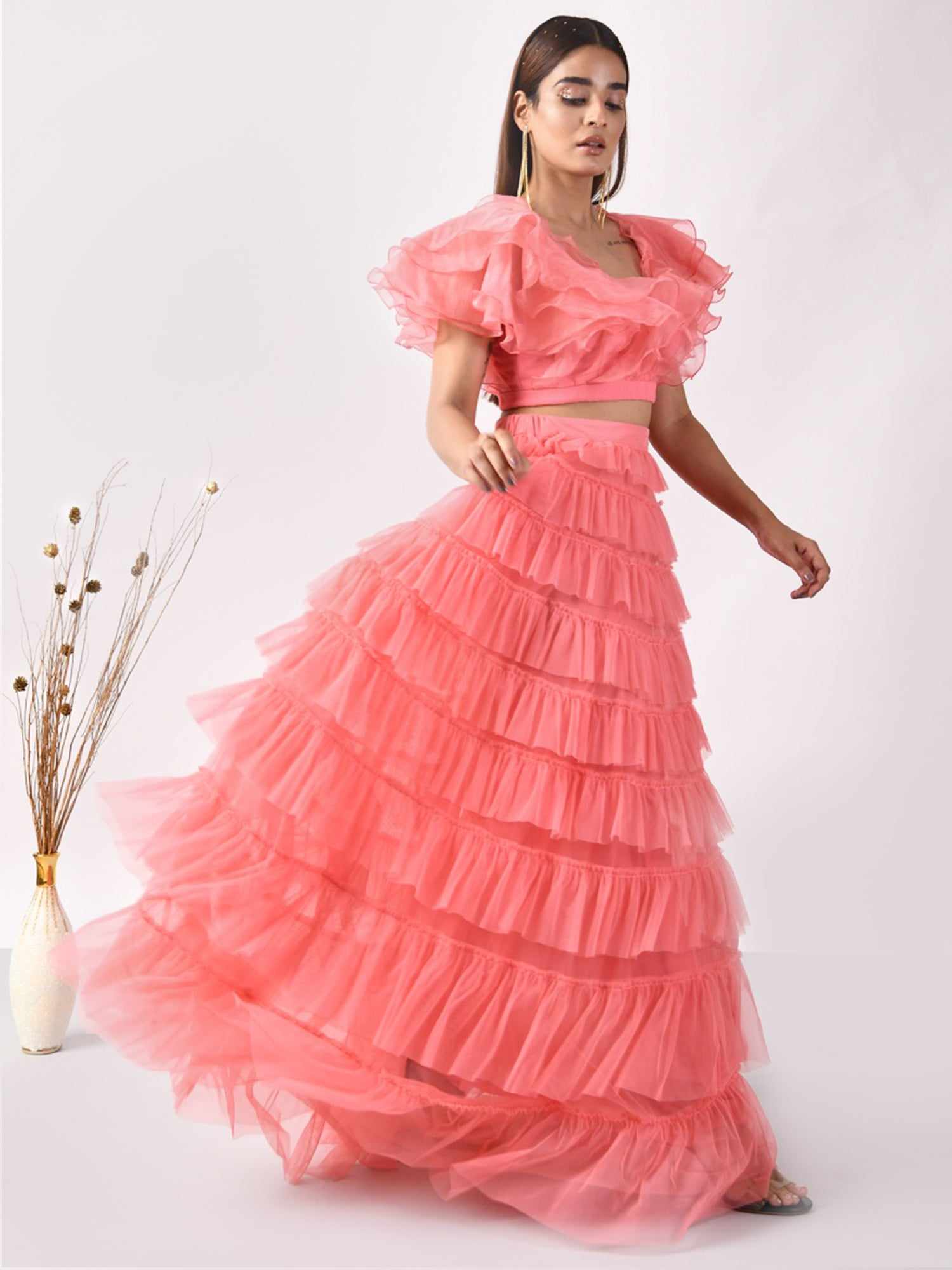 pink ruffles long skirt