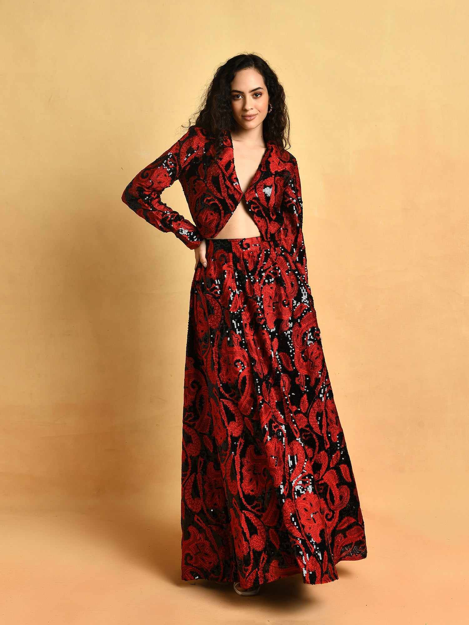 delux slinky red black embroidered skirt