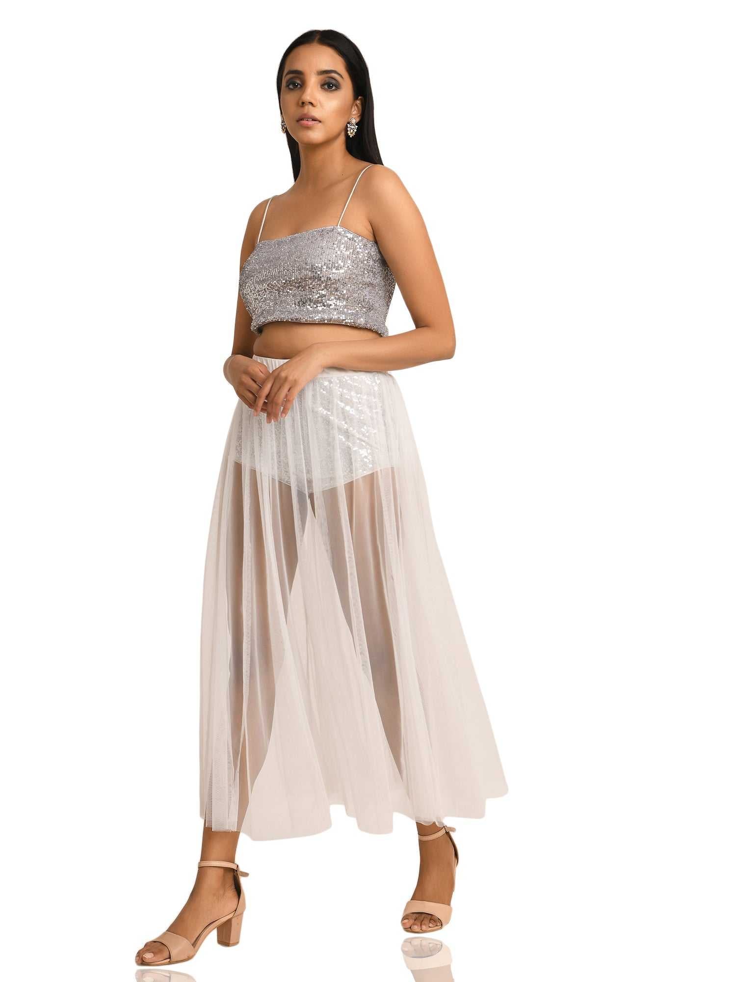 silver sequins butt shorts with white tulle skirt