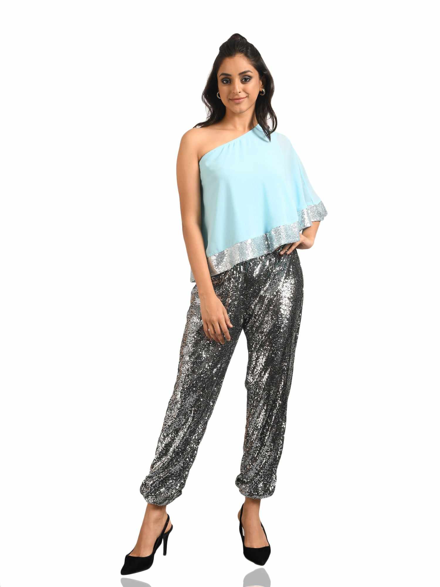 one shoulder cape blue top