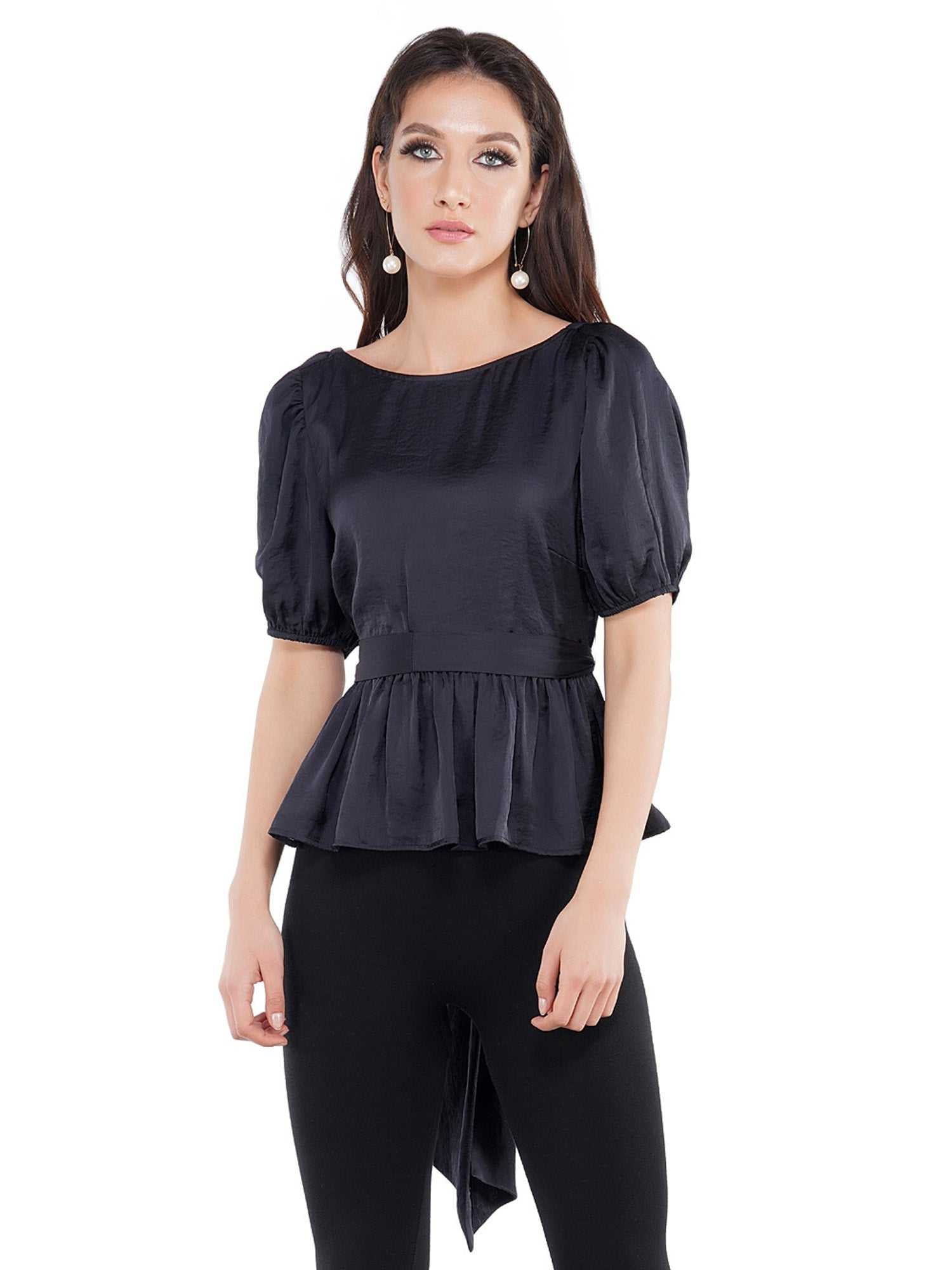 shine in black peplum wrapped blouse