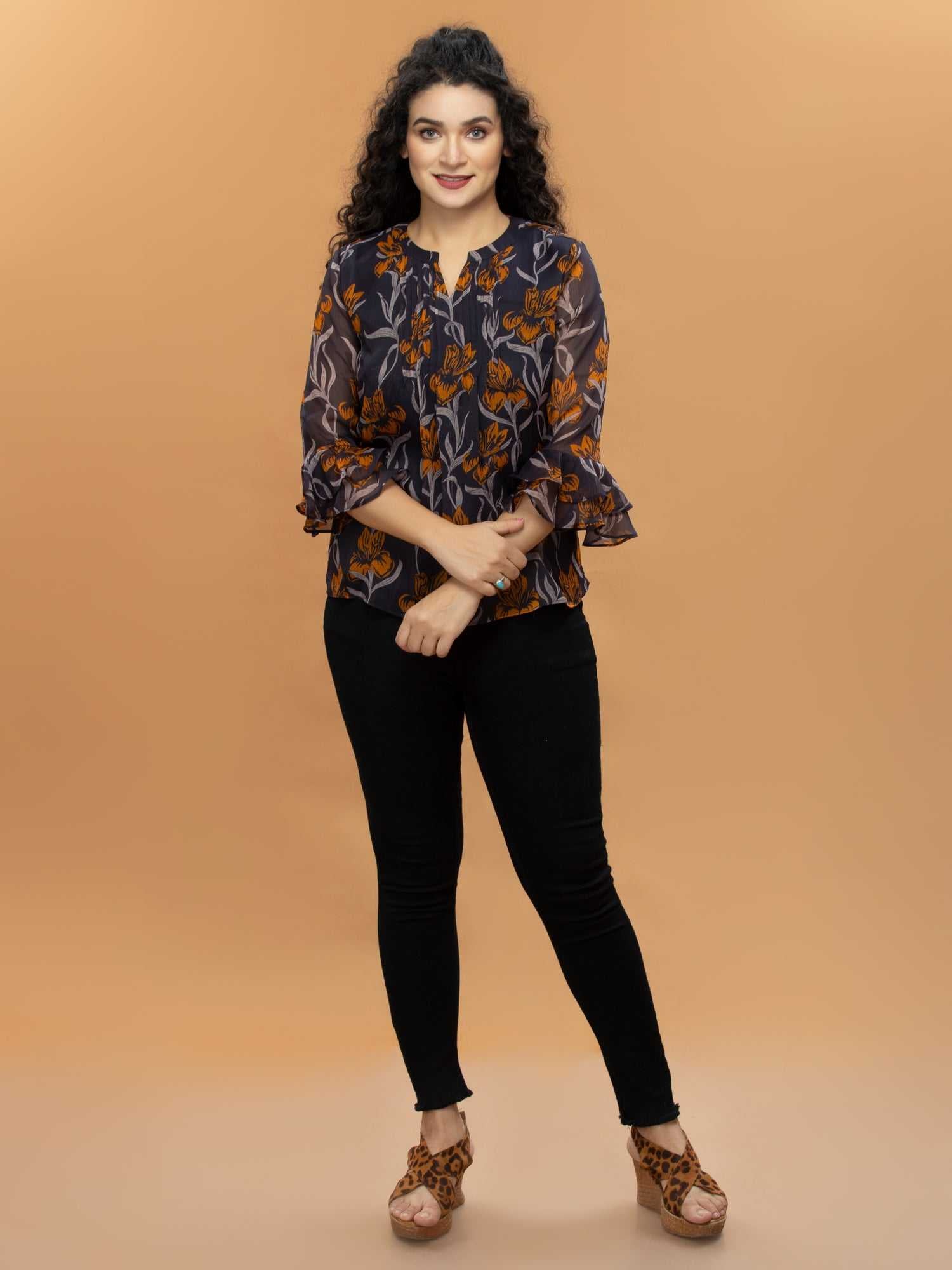 front pleated printed top