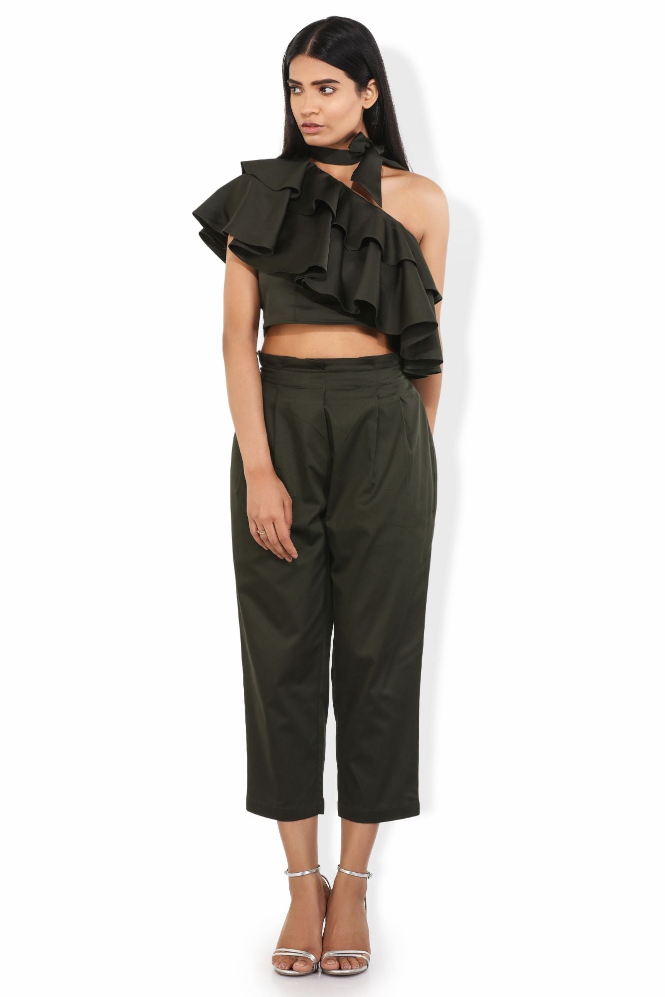 off shoulder fern green ruffled crop blouse with neck bow tie