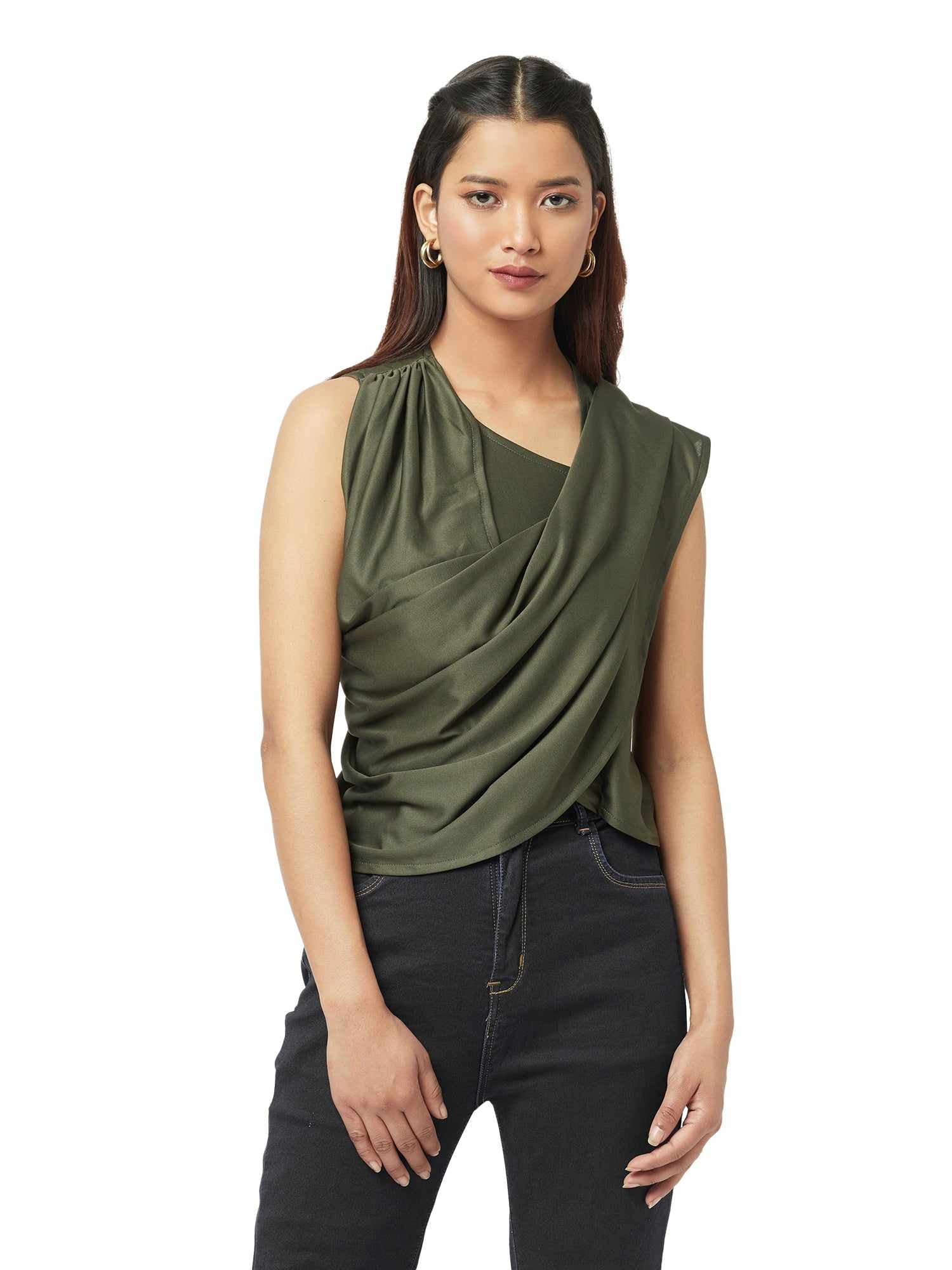 asymmetrical draped green top