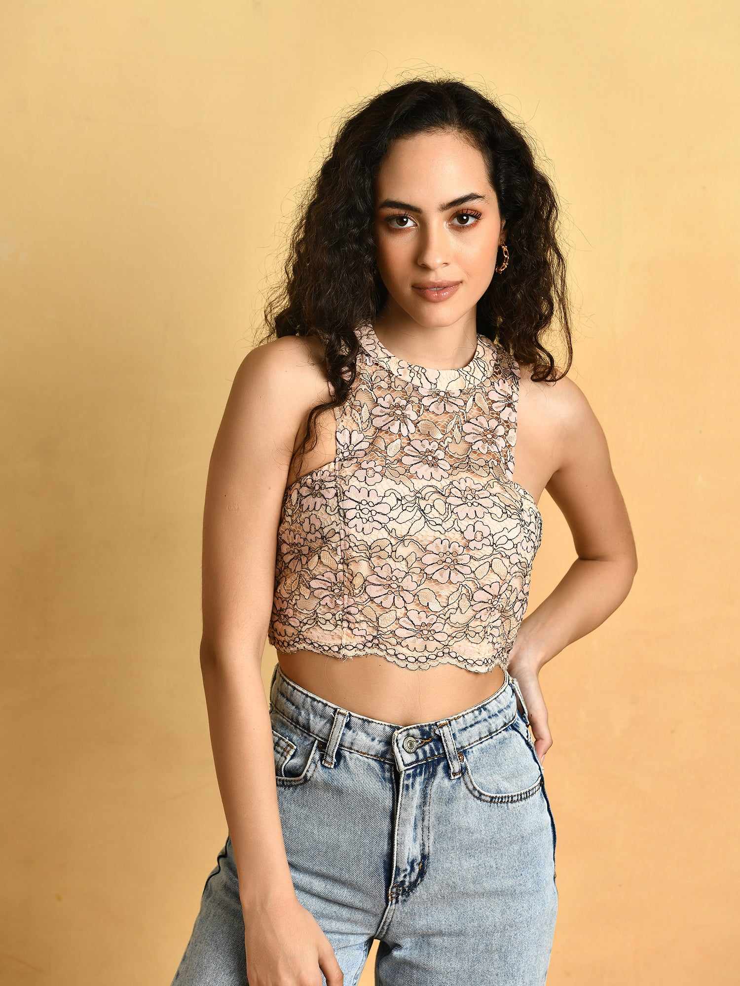 halter neck lace crop top