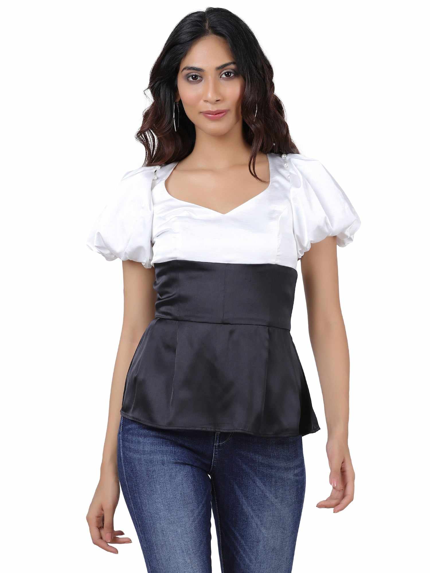 monochrome satin removable puff sleeve blouse