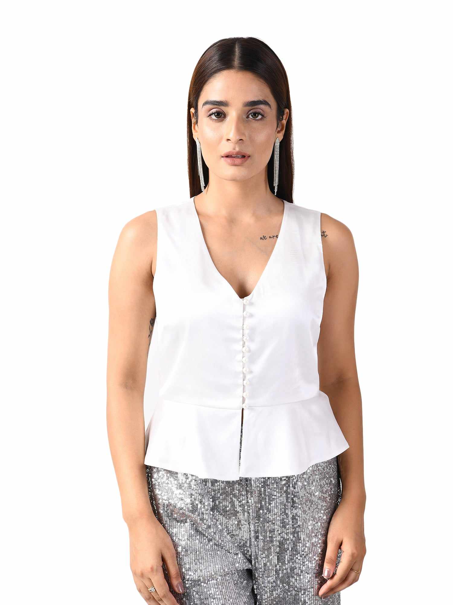 white sleeveless peplum top