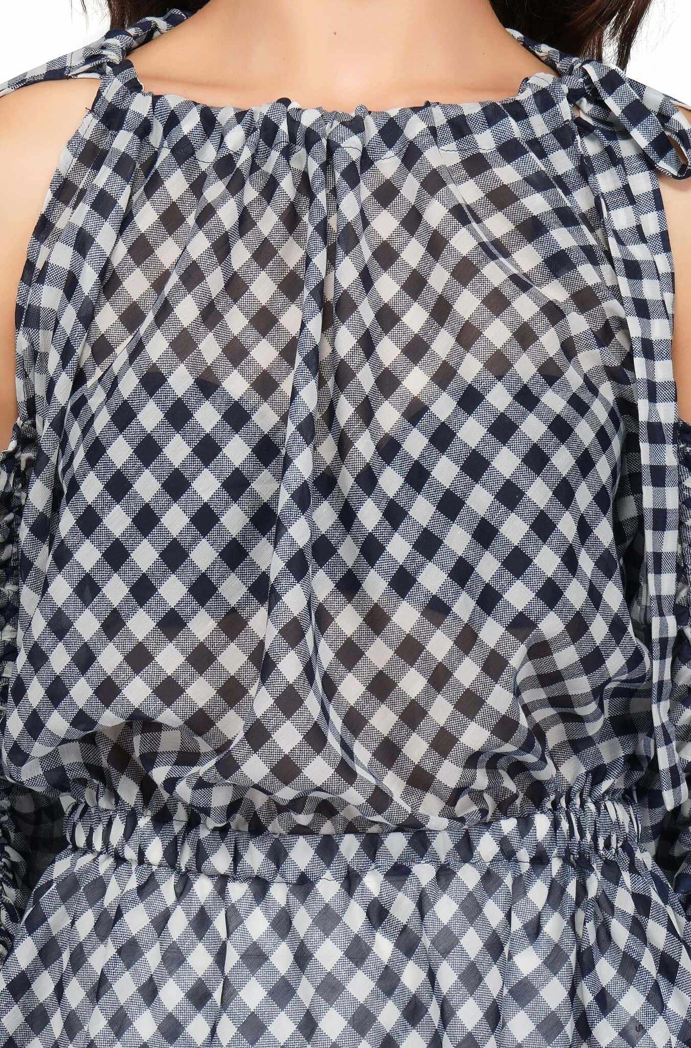 cold shoulder oversized sleeve diagonal check top