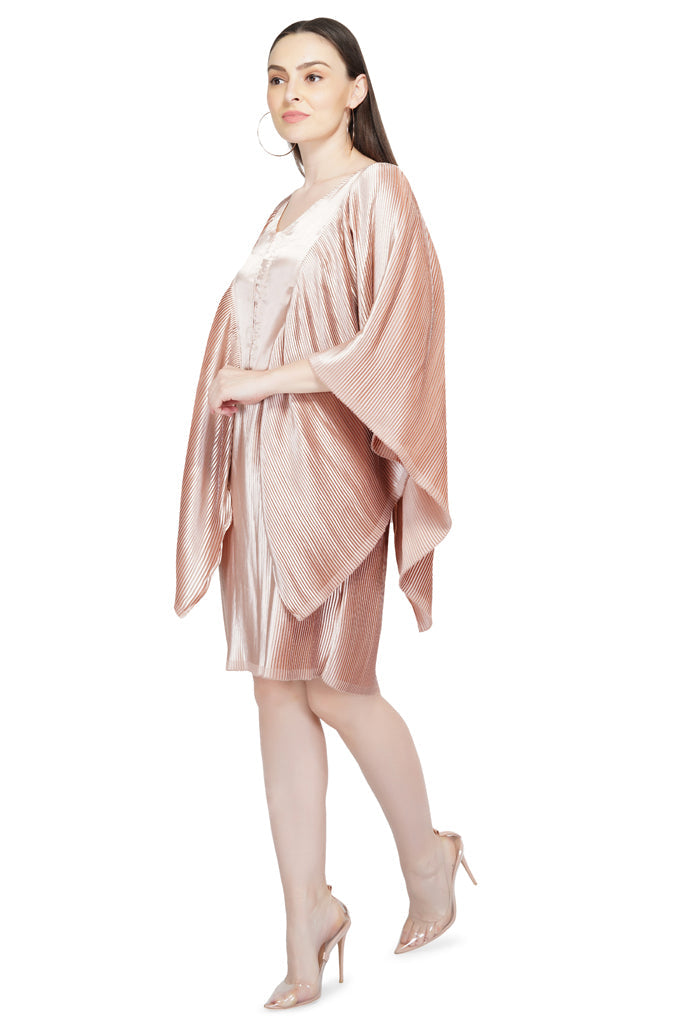 flutter sleeve pleated satin dress