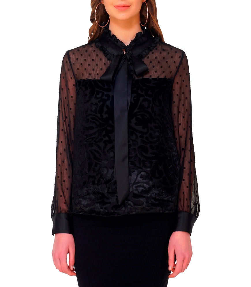 burnout velvet polka dot tulle pussy bow tie top