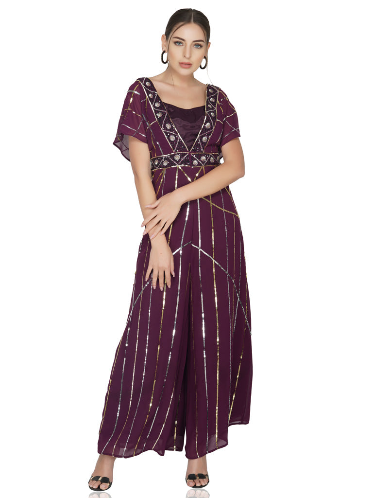 plum sunrise sequin jumpsuit