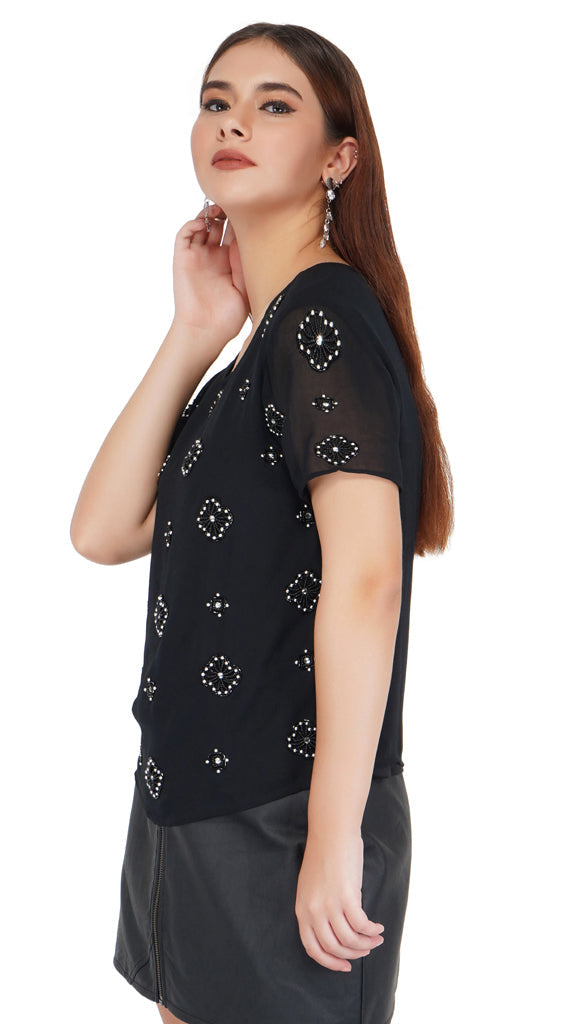black half sleeve top with embroidery