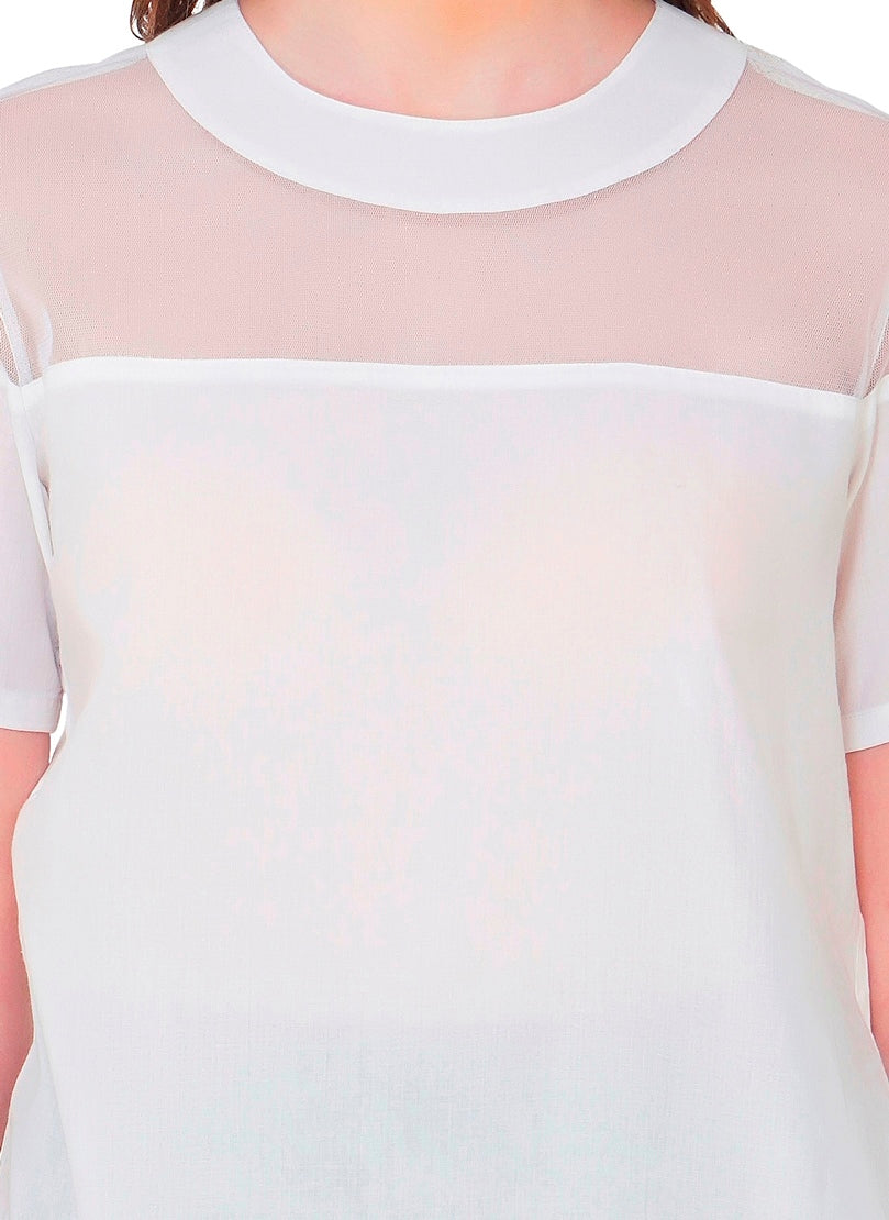 white tulle yoke and cotton top half sleeve with round neck