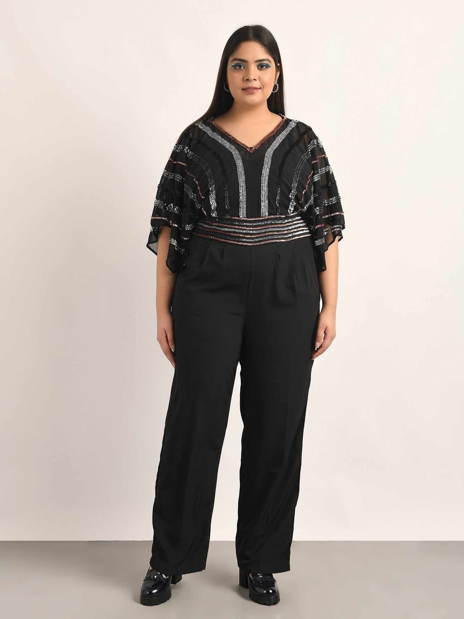 attic curves flutter sleeve rainbow sequin jumpsuit
