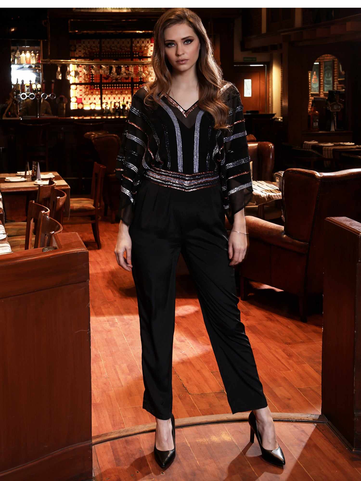 flutter sleeve rainbow sequin jumpsuit