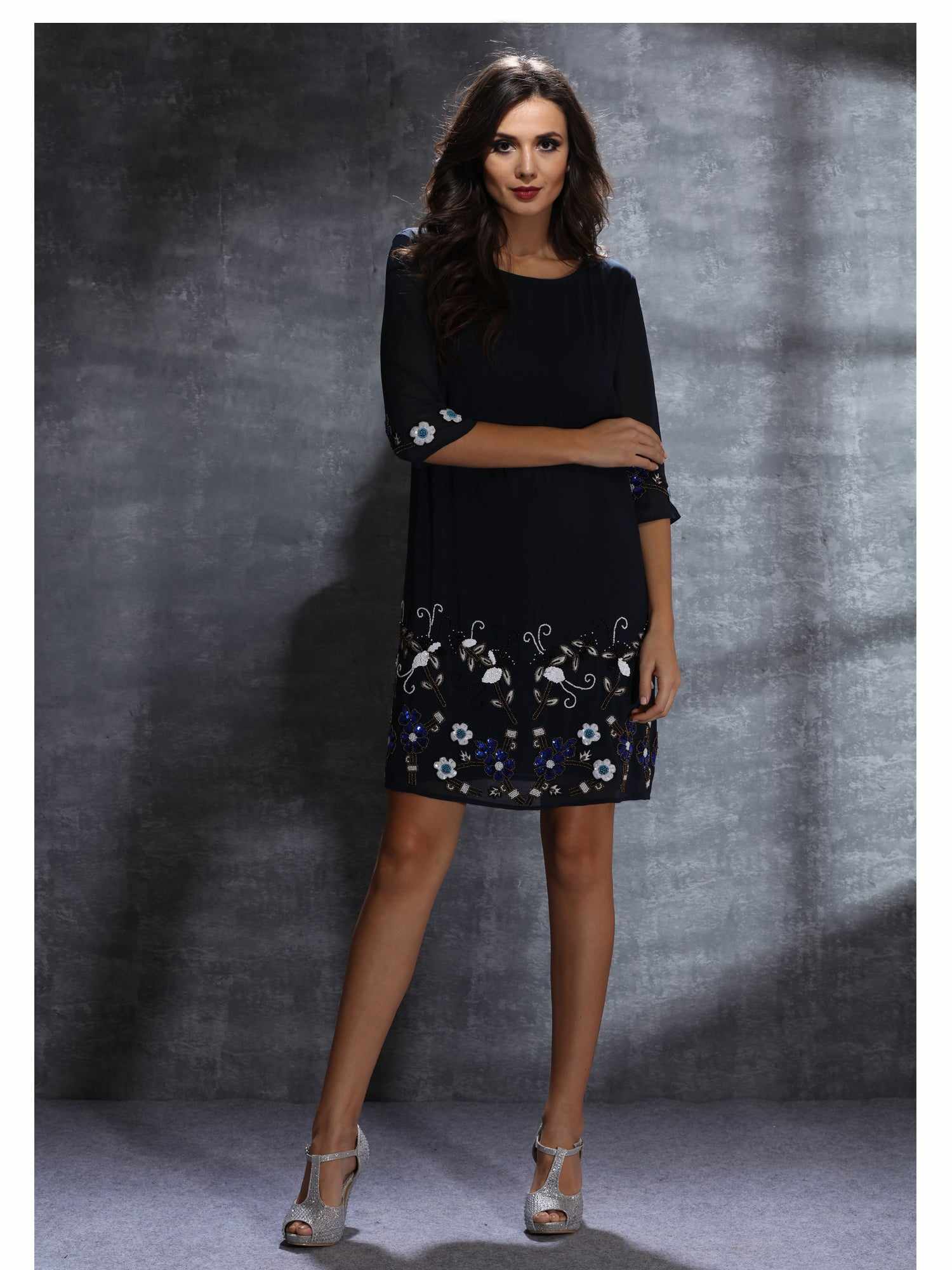 border embellished blue dress