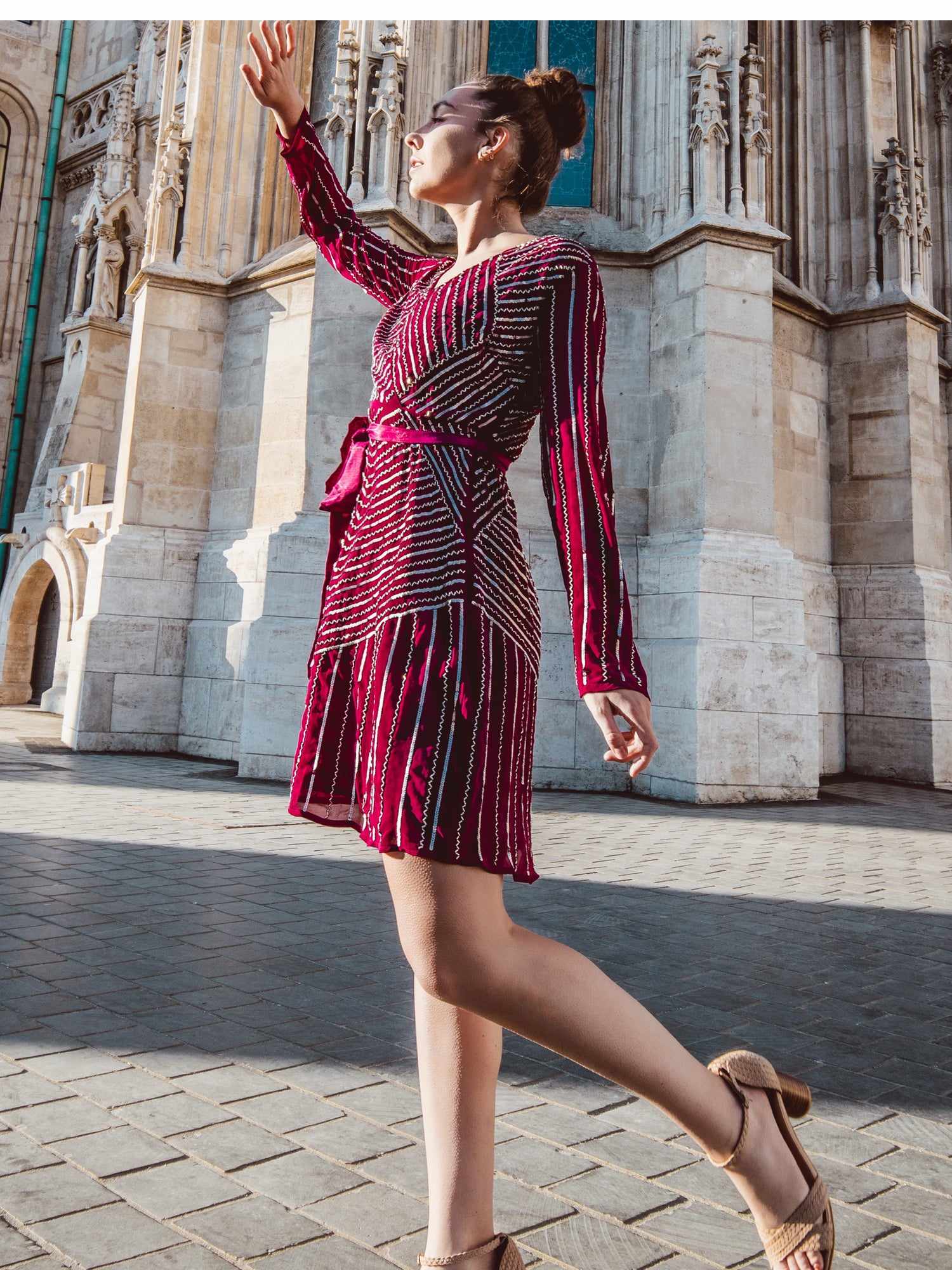 silver beaded purple dress with tie