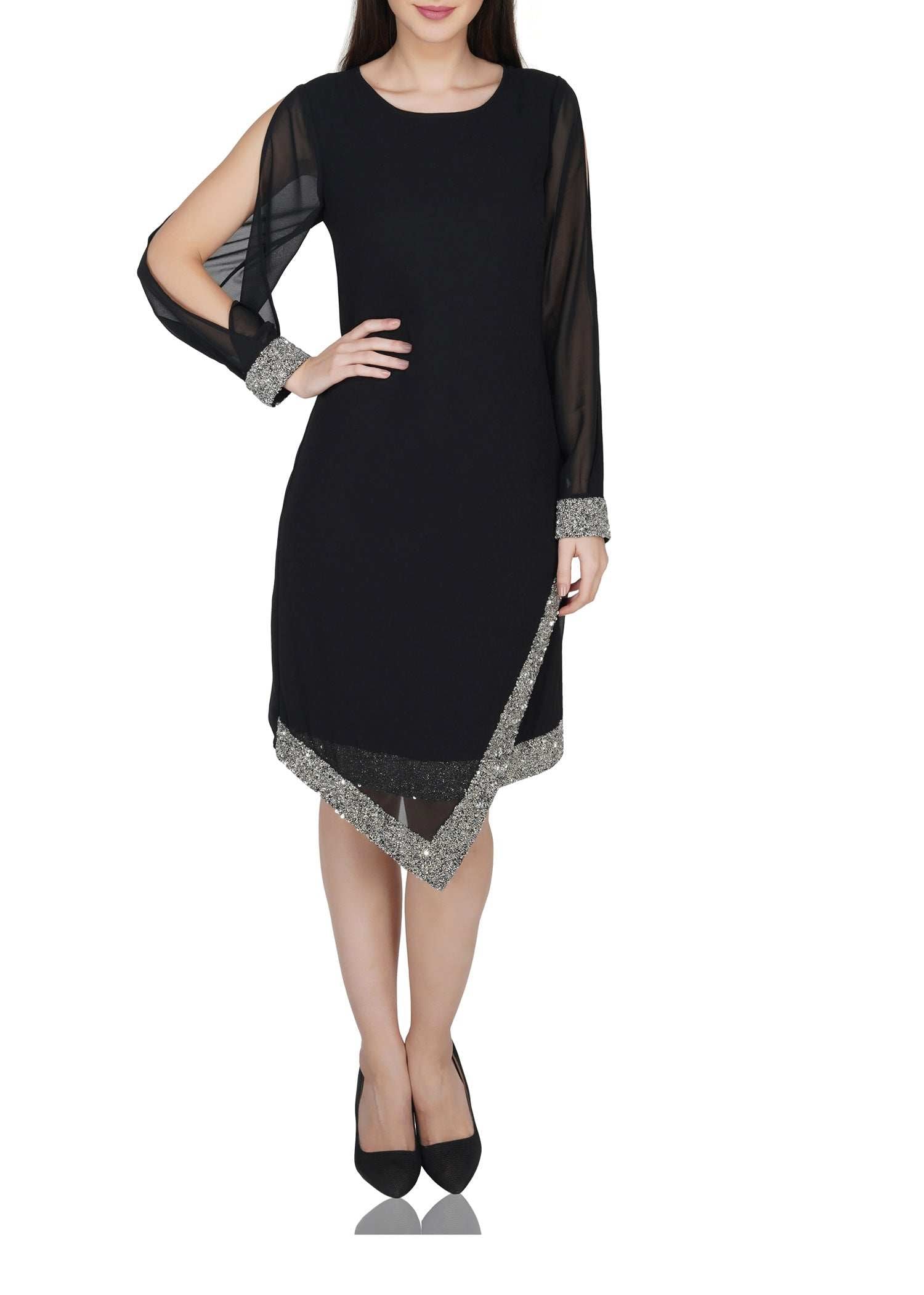 asymmetric hem cold sleeve dress