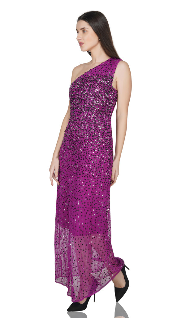 one shoulder sequin gown