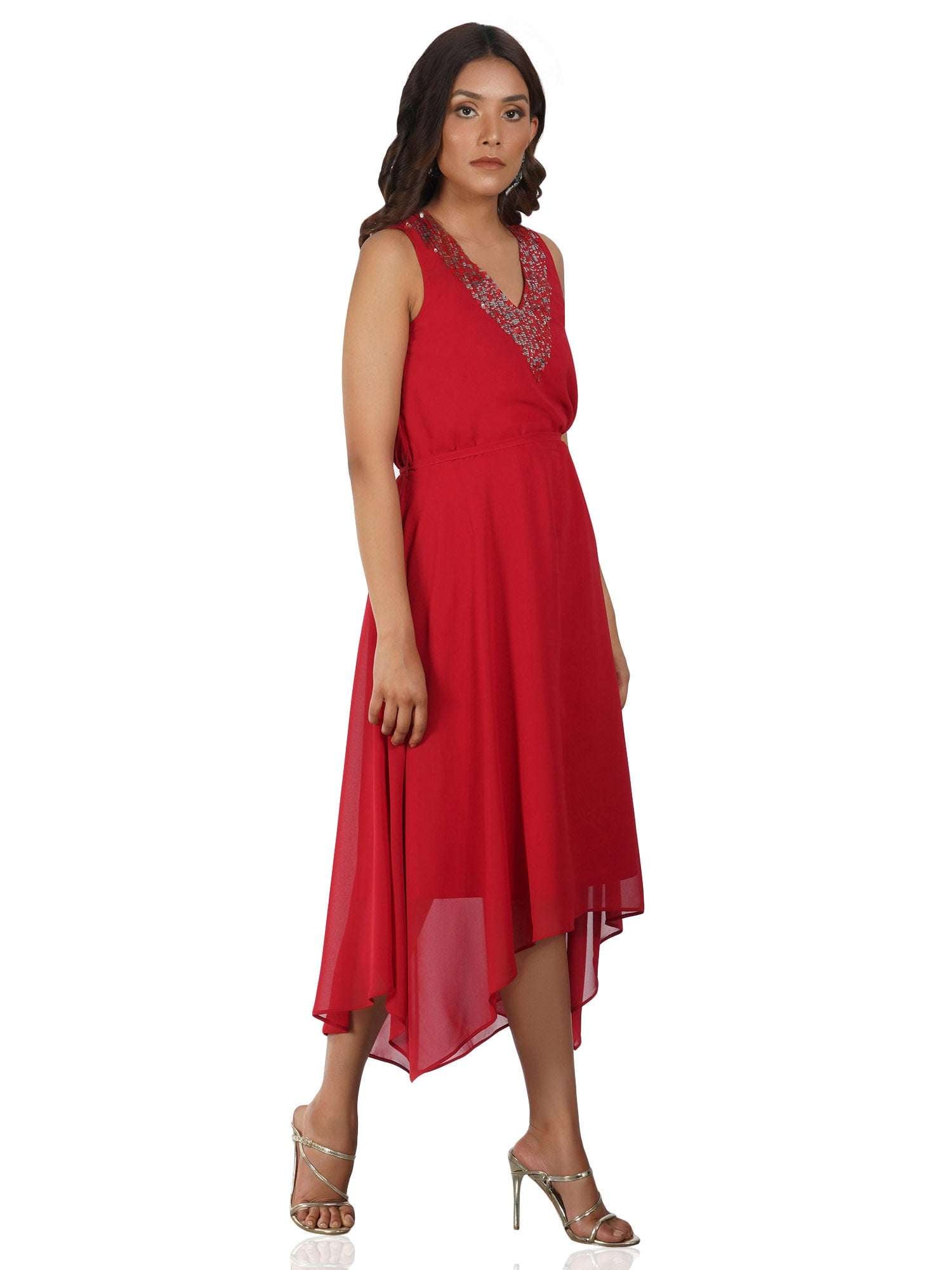 red silver sequins embellished dress