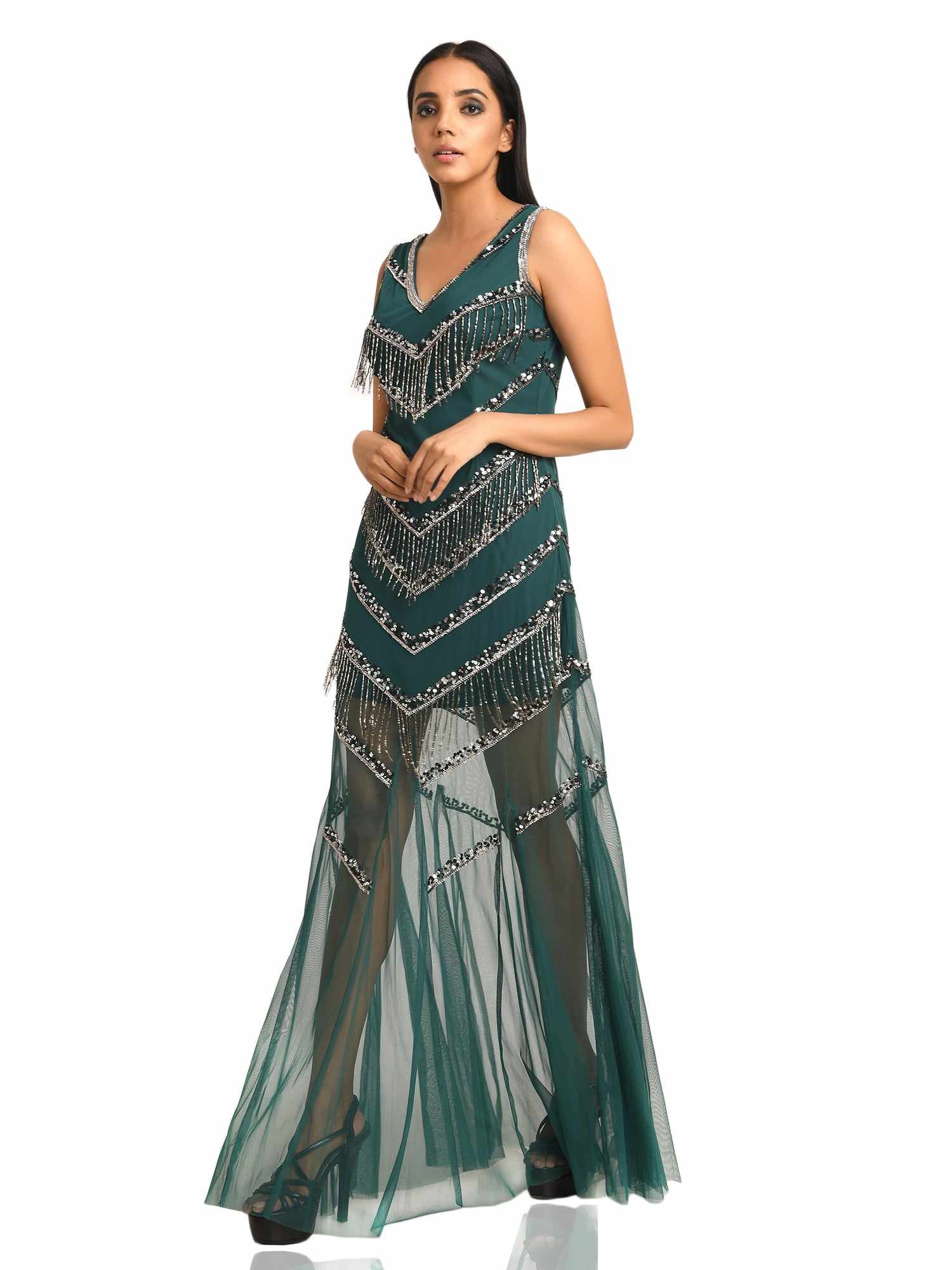 embellished green tulle gown