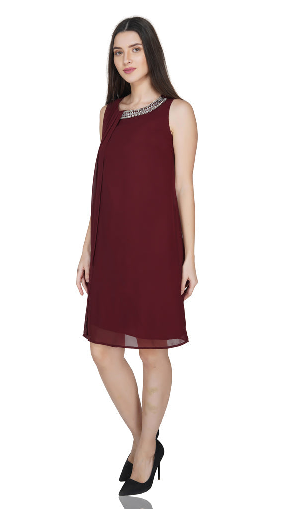 mirror neck pleated panel dress
