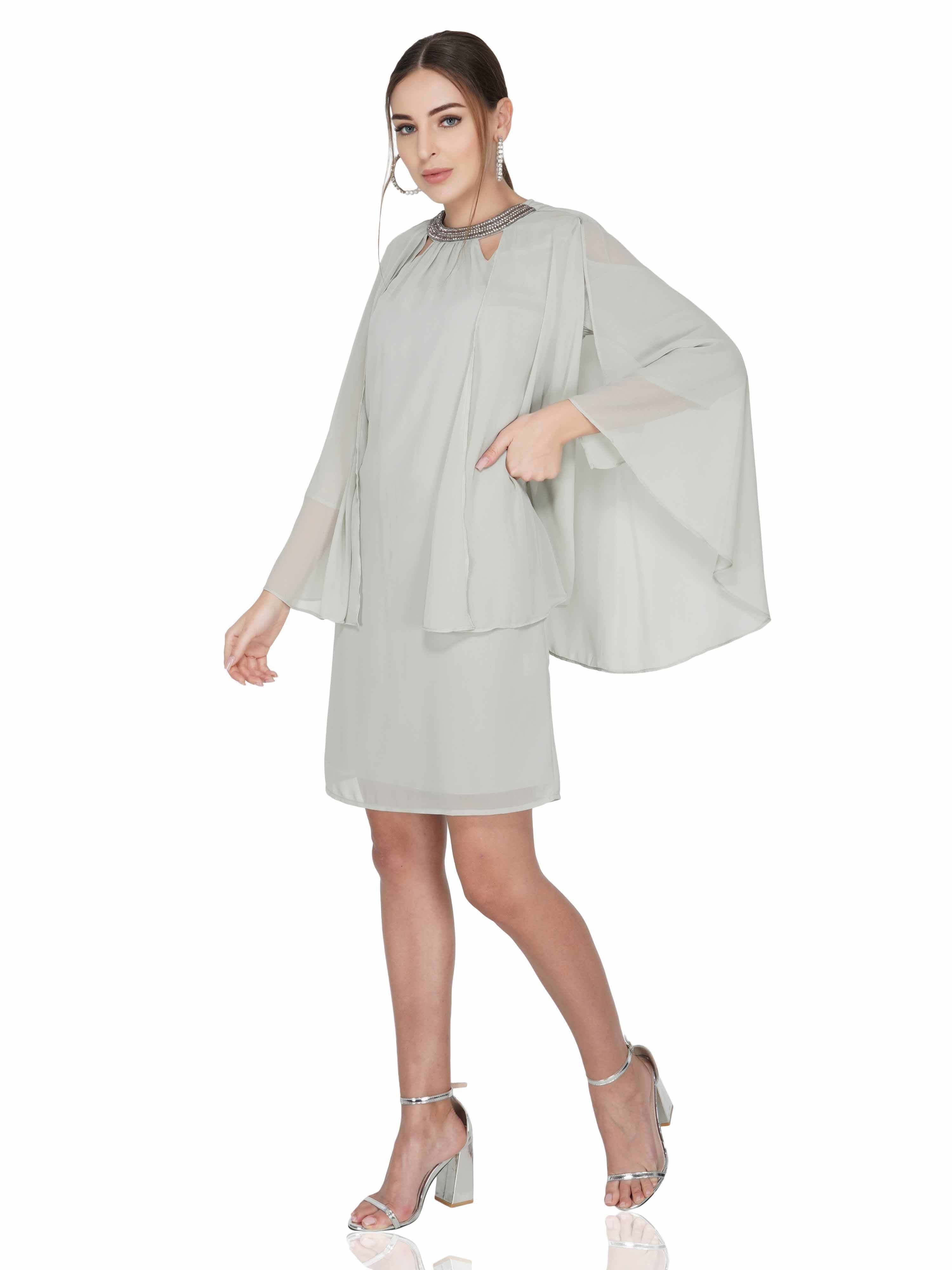 grey necklace cape sleeves dress