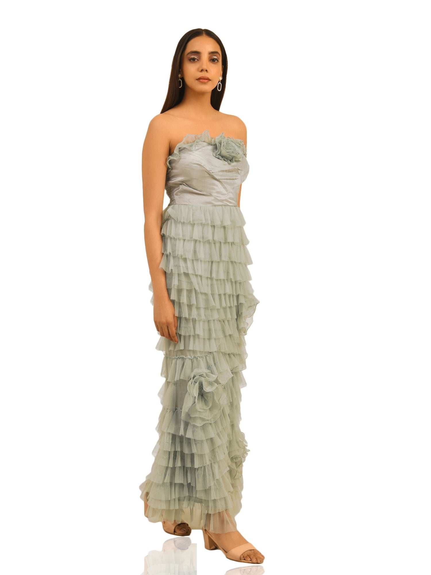 prom night ruffled grey gown