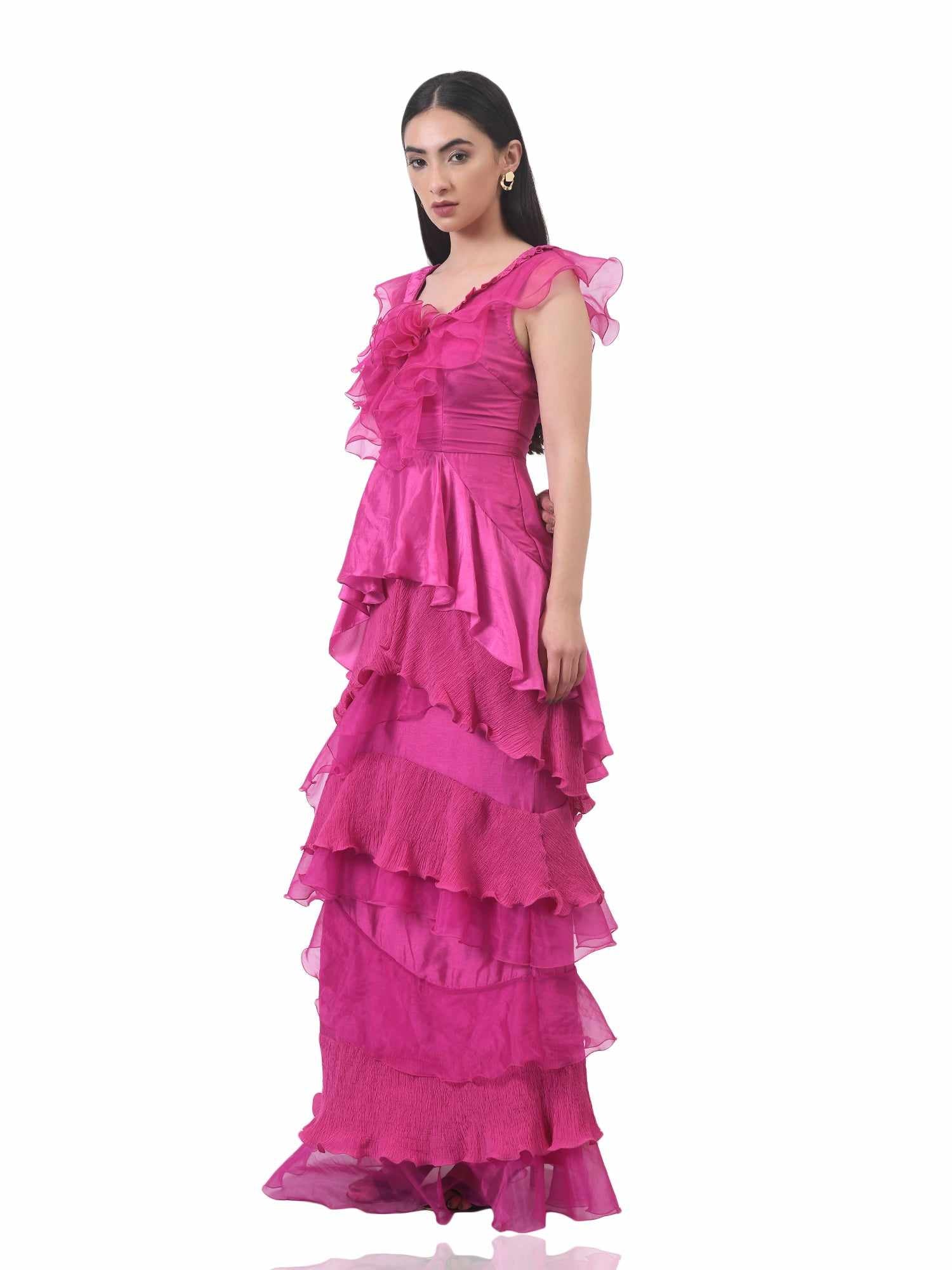 fushcia pink tier gown
