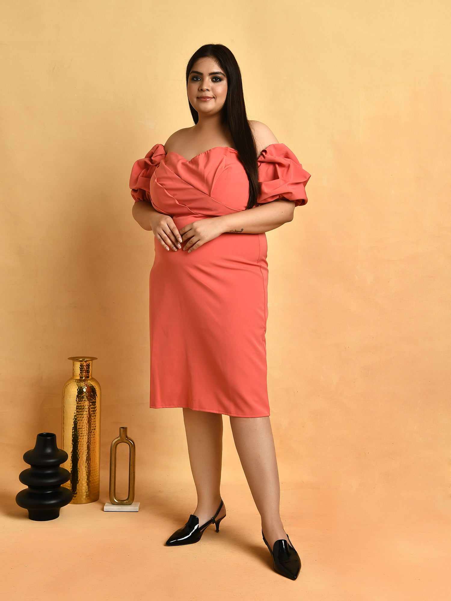 attic curves peach pink squesh balloon ruffle sleeve dress