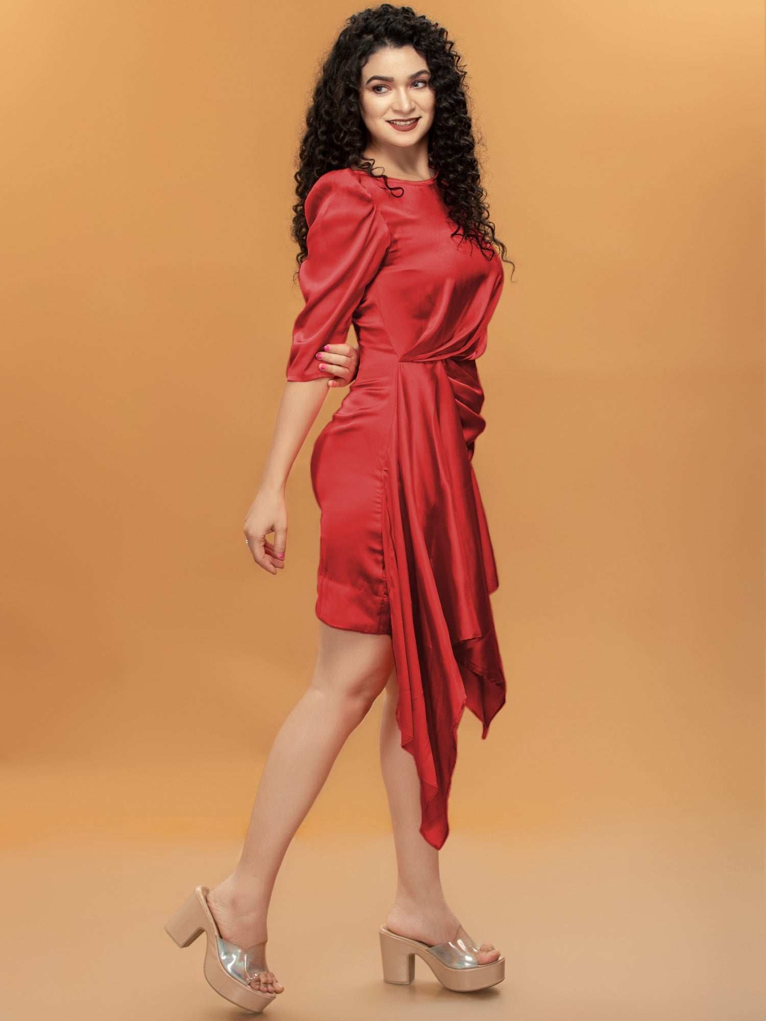 attic curves summer drapped wrap effect red satin mini dress