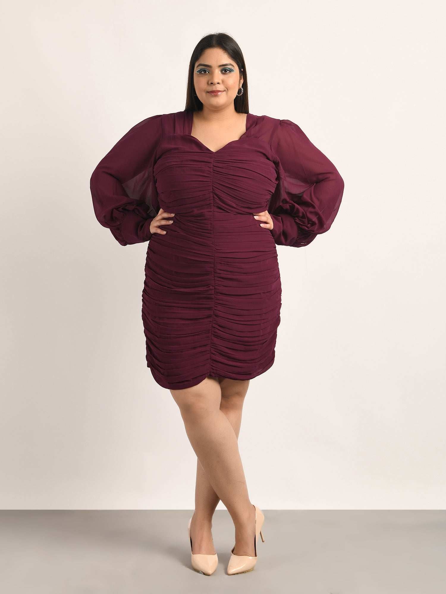 attic curves wine ruched mini dress