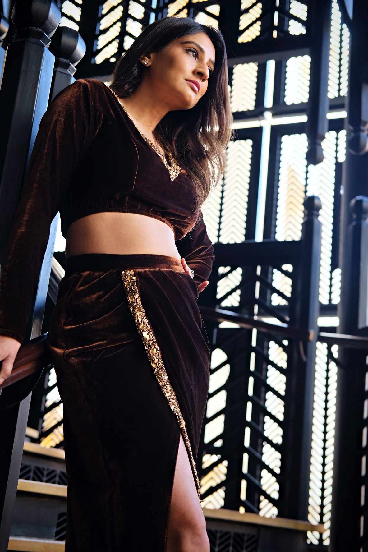 brown velour top skirt with slit