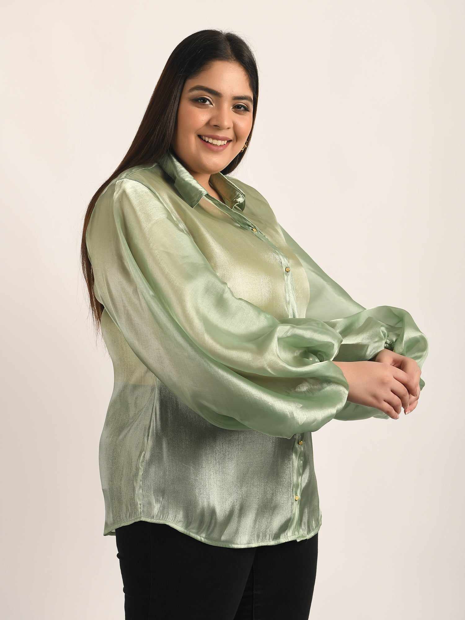 attic curves lime green billowy sleeved glass organza shirt