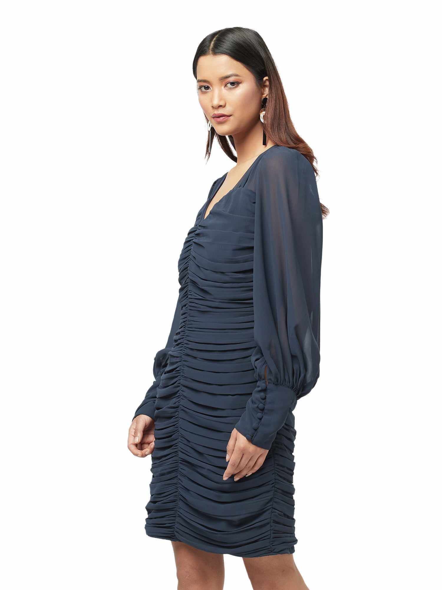 blue ruched mini dress