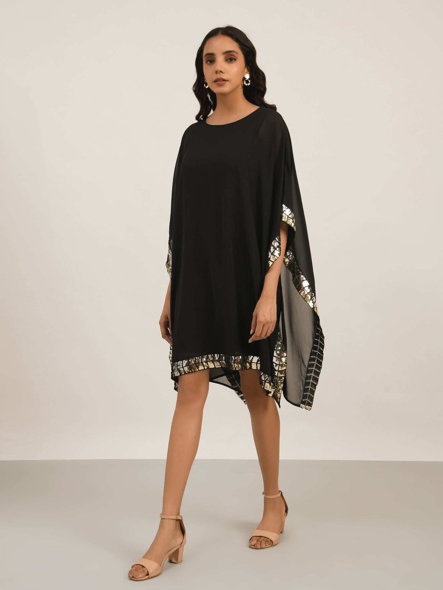 black dual tone sequins cape dress