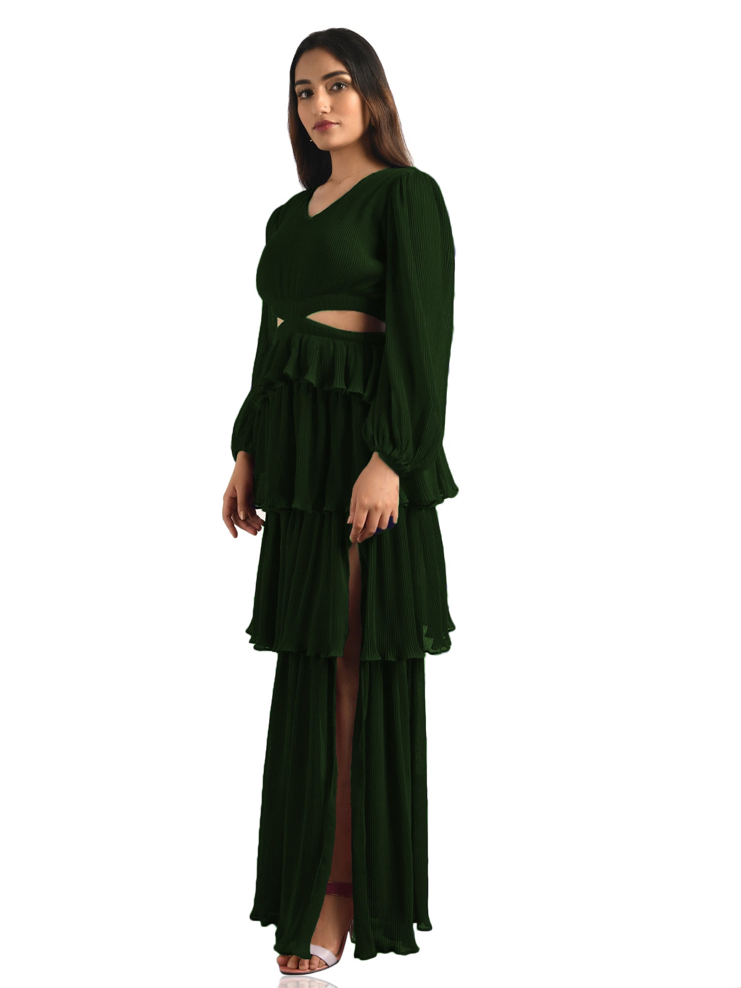 crepe green pleated maxi dress