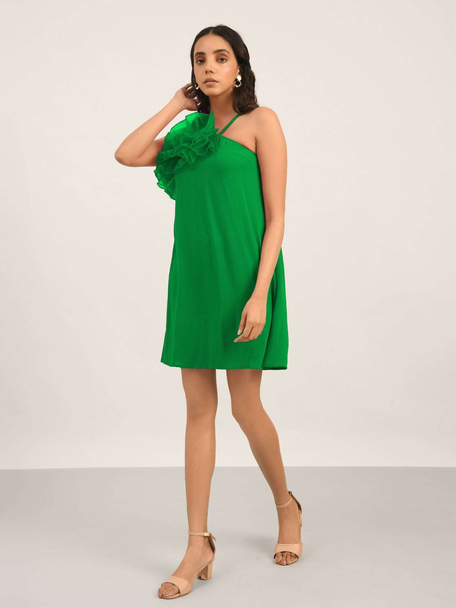 luxury vacay green a line ruffle dress